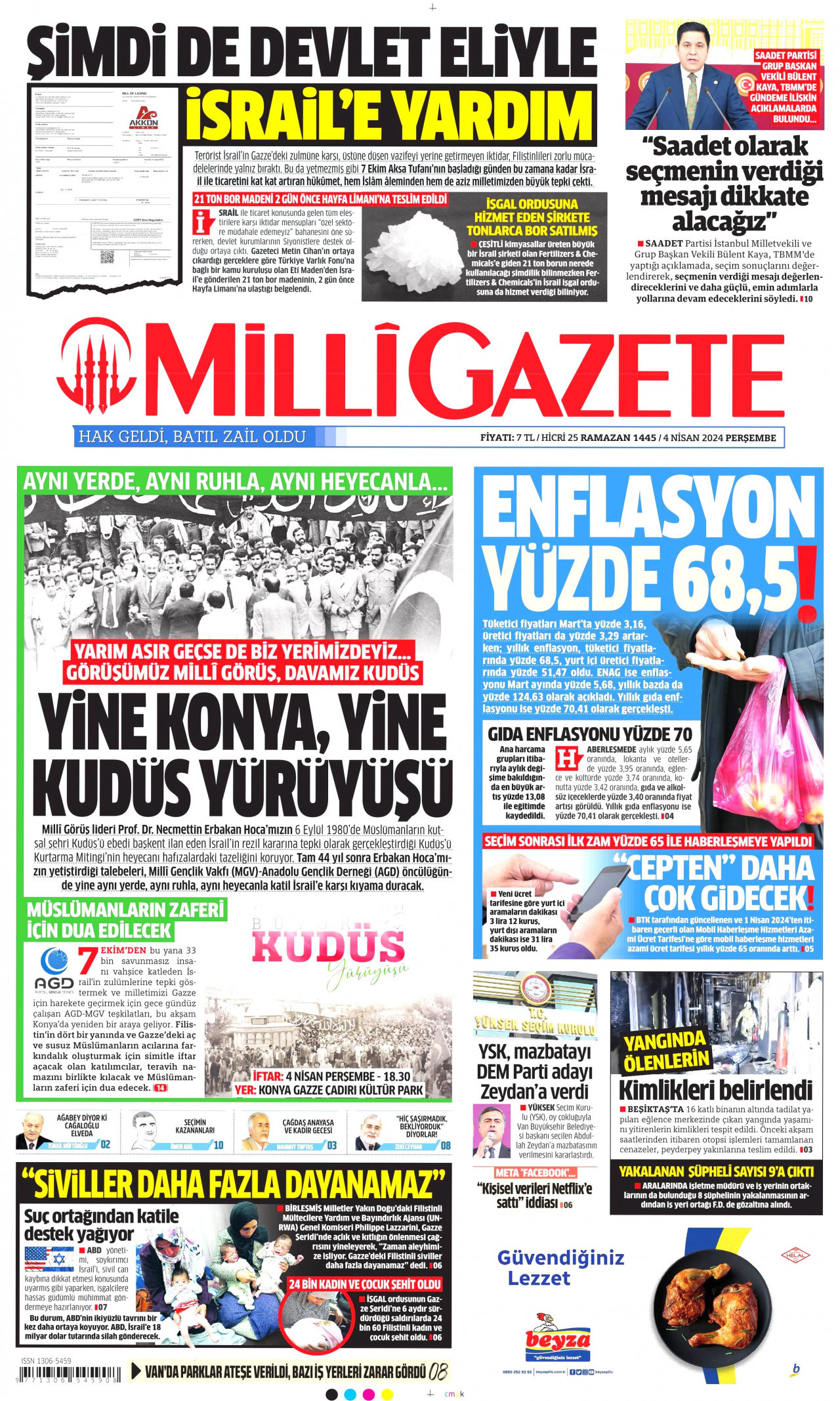 MİLLİ GAZETE gazetesinin 4 Nisan 2024 tarihli birinci sayfası