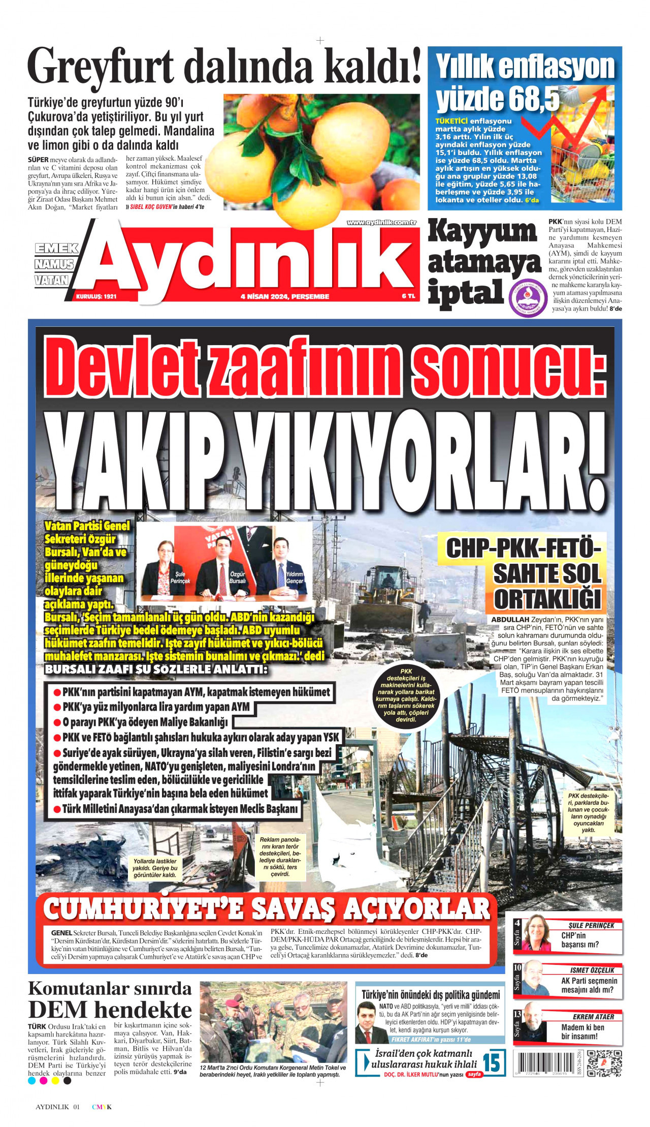 AYDINLIK GAZETESİ gazetesinin 4 Nisan 2024 tarihli birinci sayfası