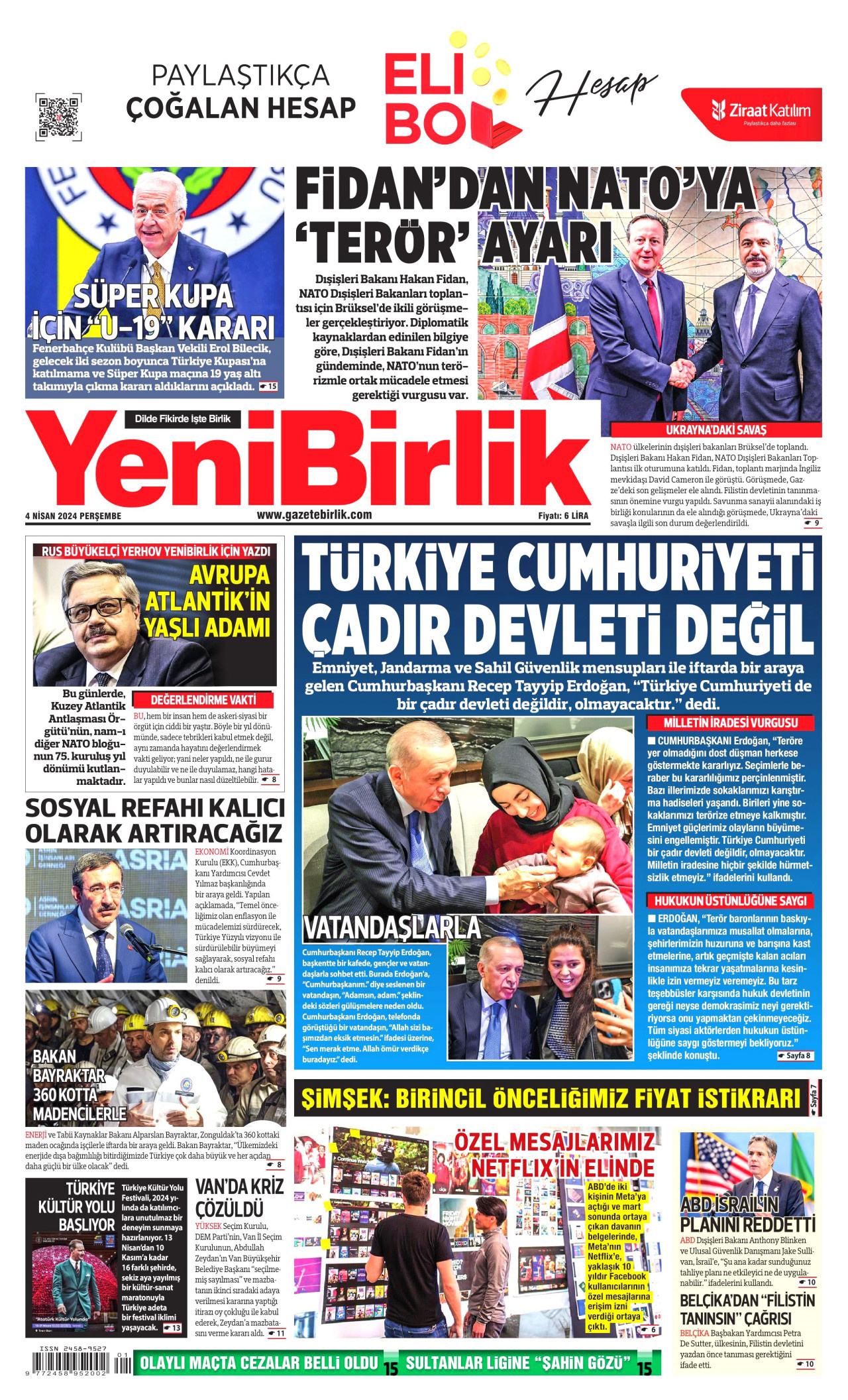 YENİBİRLİK gazetesinin 4 Nisan 2024 tarihli birinci sayfası