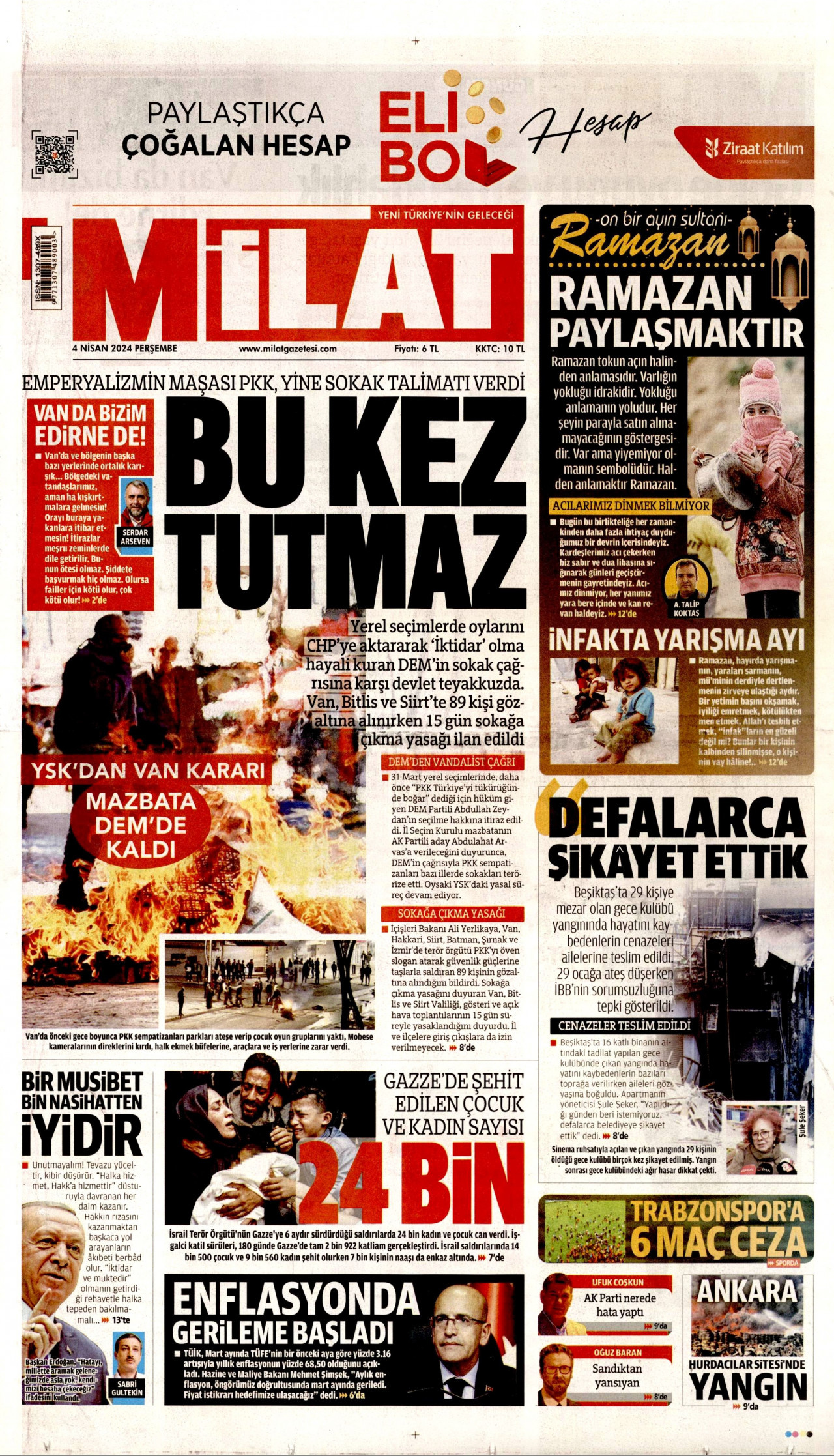 MİLAT gazetesinin 4 Nisan 2024 tarihli birinci sayfası