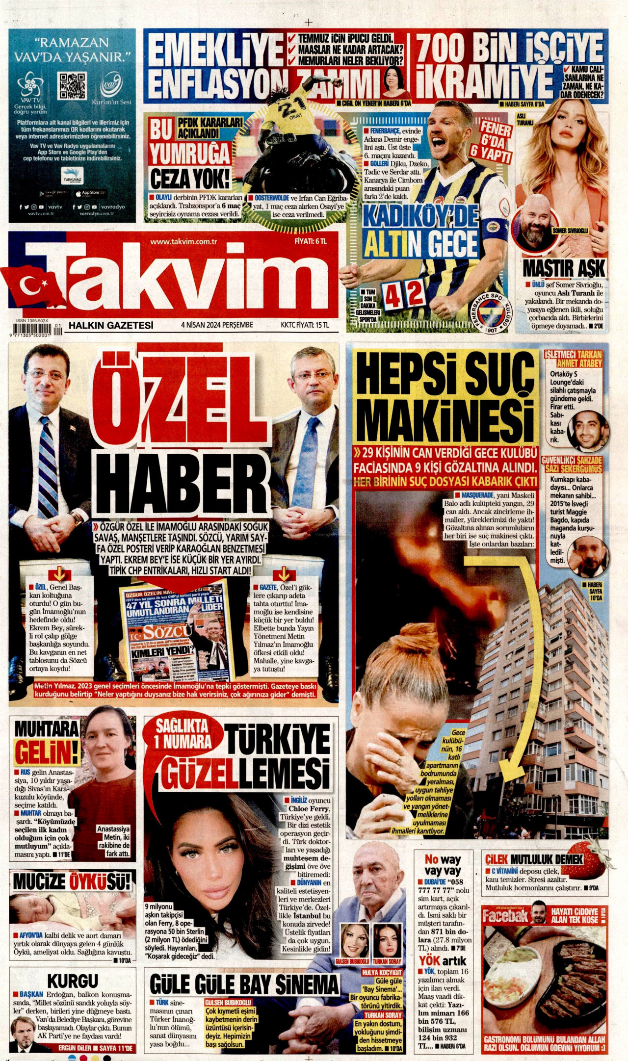 TAKVİM gazetesinin 4 Nisan 2024 tarihli birinci sayfası