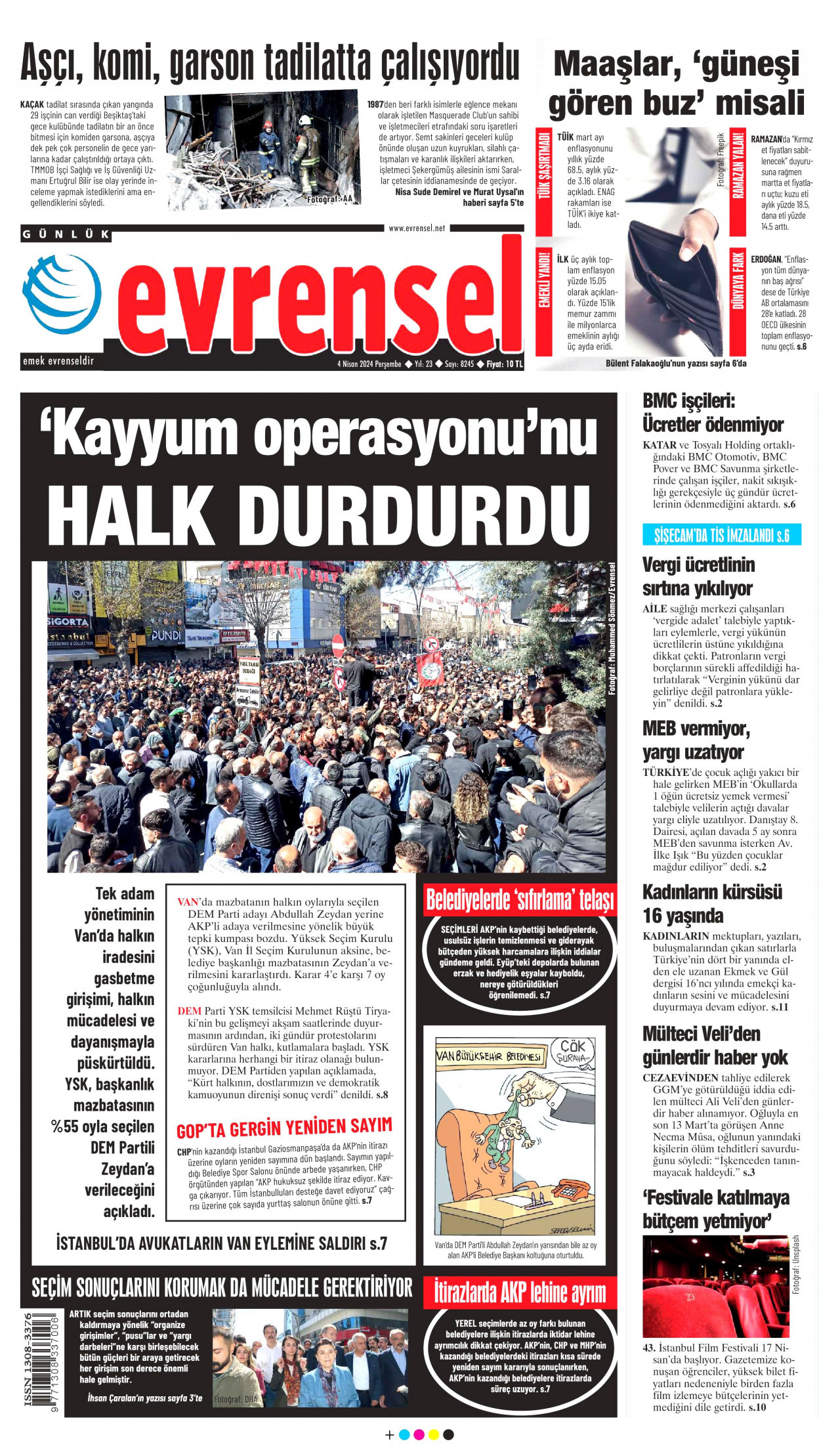 EVRENSEL gazetesinin 4 Nisan 2024 tarihli birinci sayfası