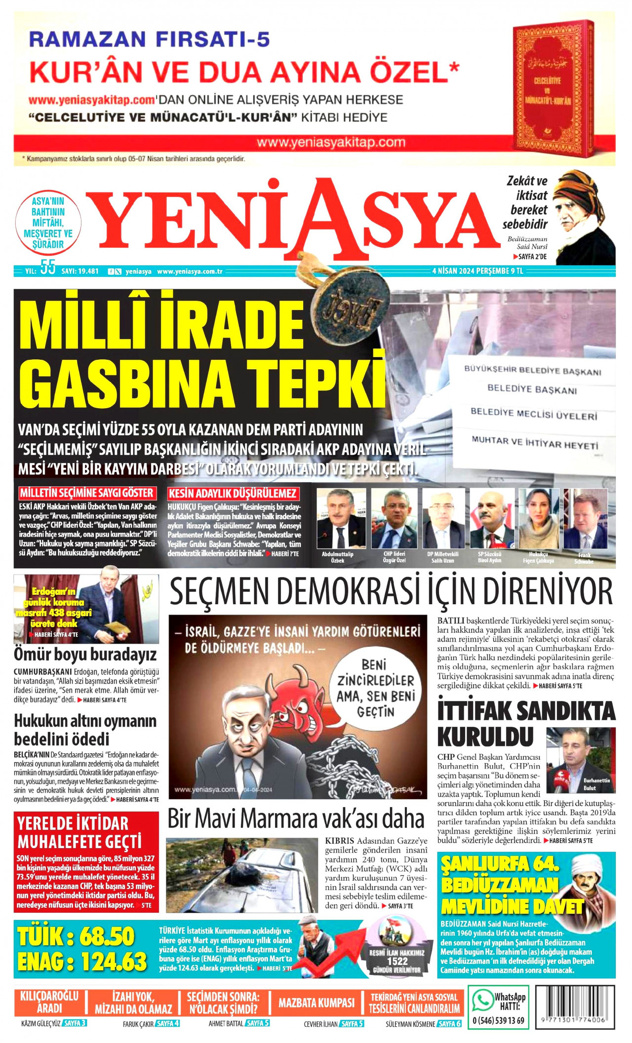 YENİ ASYA gazetesinin 4 Nisan 2024 tarihli birinci sayfası