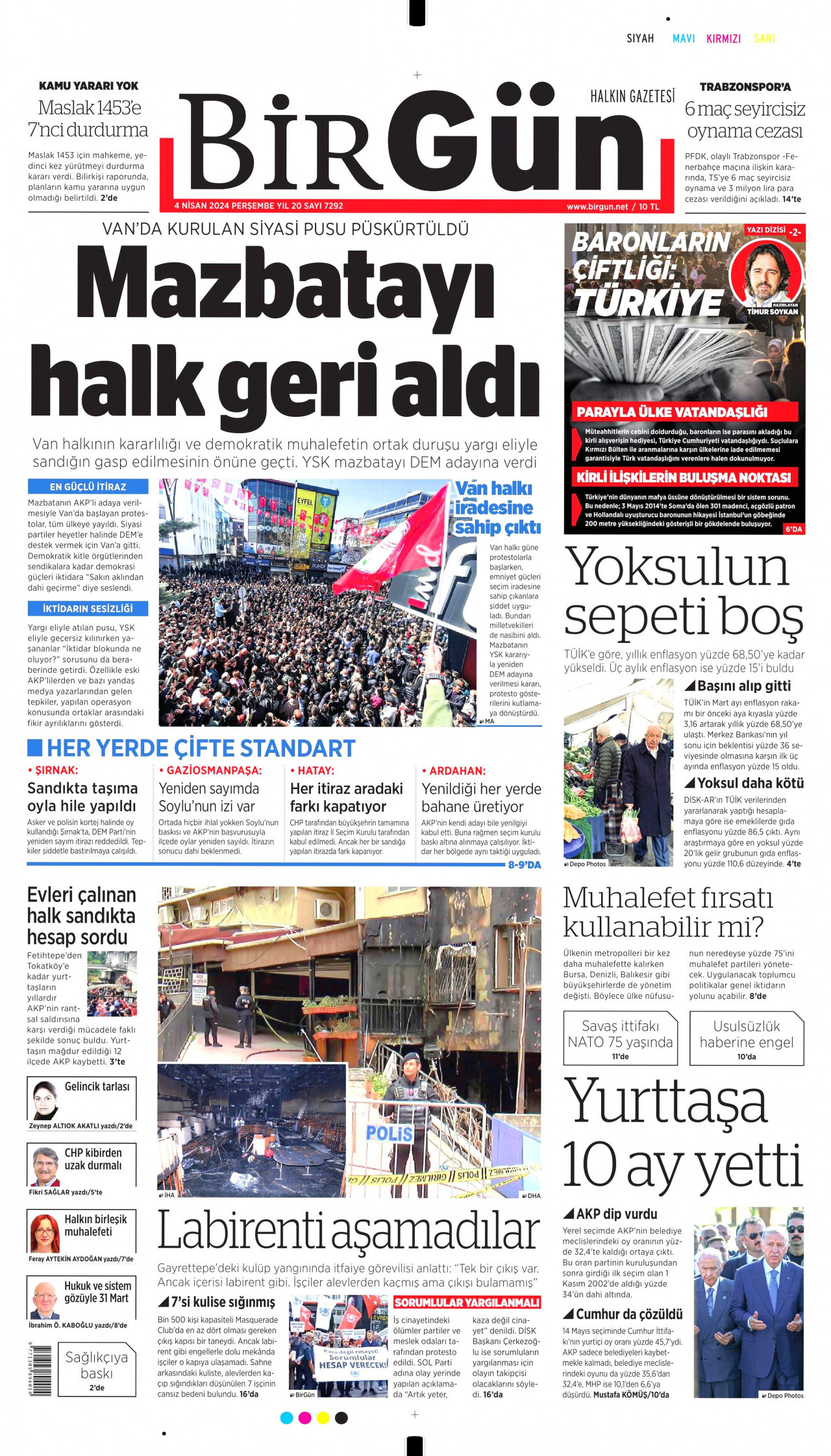 BİRGÜN gazetesinin 4 Nisan 2024 tarihli birinci sayfası
