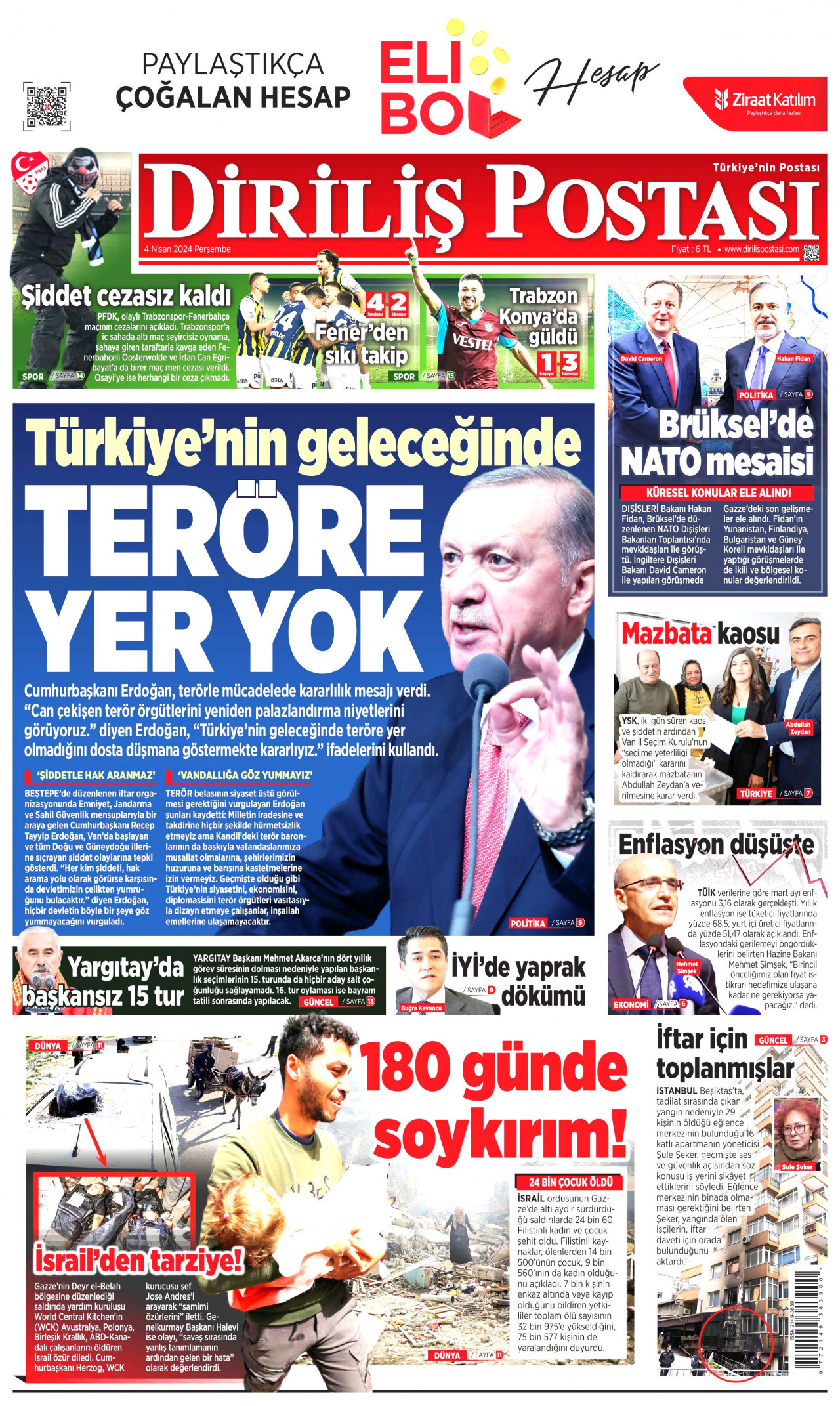 DİRİLİŞ POSTASI gazetesinin 4 Nisan 2024 tarihli birinci sayfası