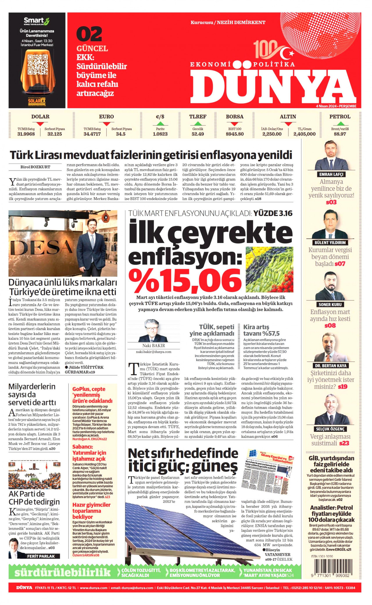 DÜNYA gazetesinin 4 Nisan 2024 tarihli birinci sayfası