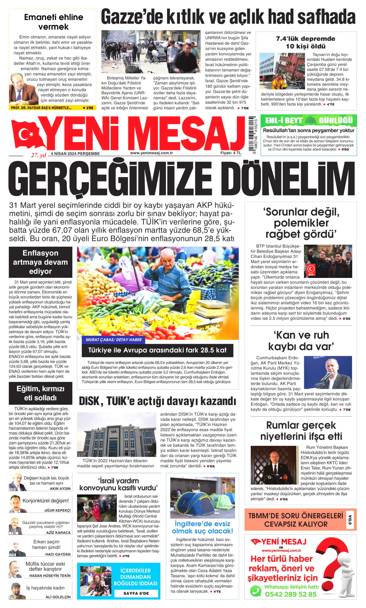 YENİ MESAJ gazetesinin 4 Nisan 2024 tarihli birinci sayfası