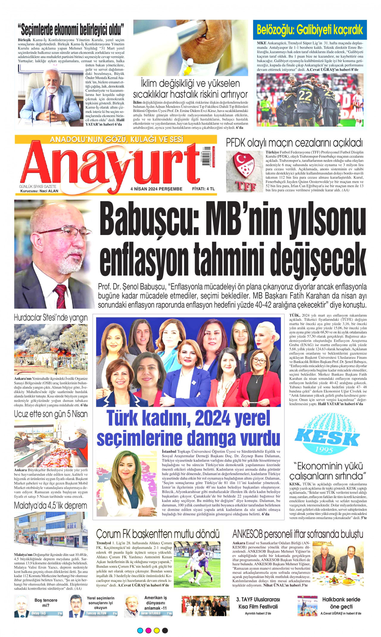 ANAYURT gazetesinin 4 Nisan 2024 tarihli birinci sayfası