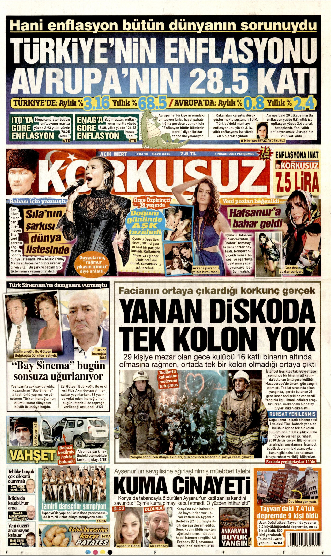 KORKUSUZ gazetesinin 4 Nisan 2024 tarihli birinci sayfası