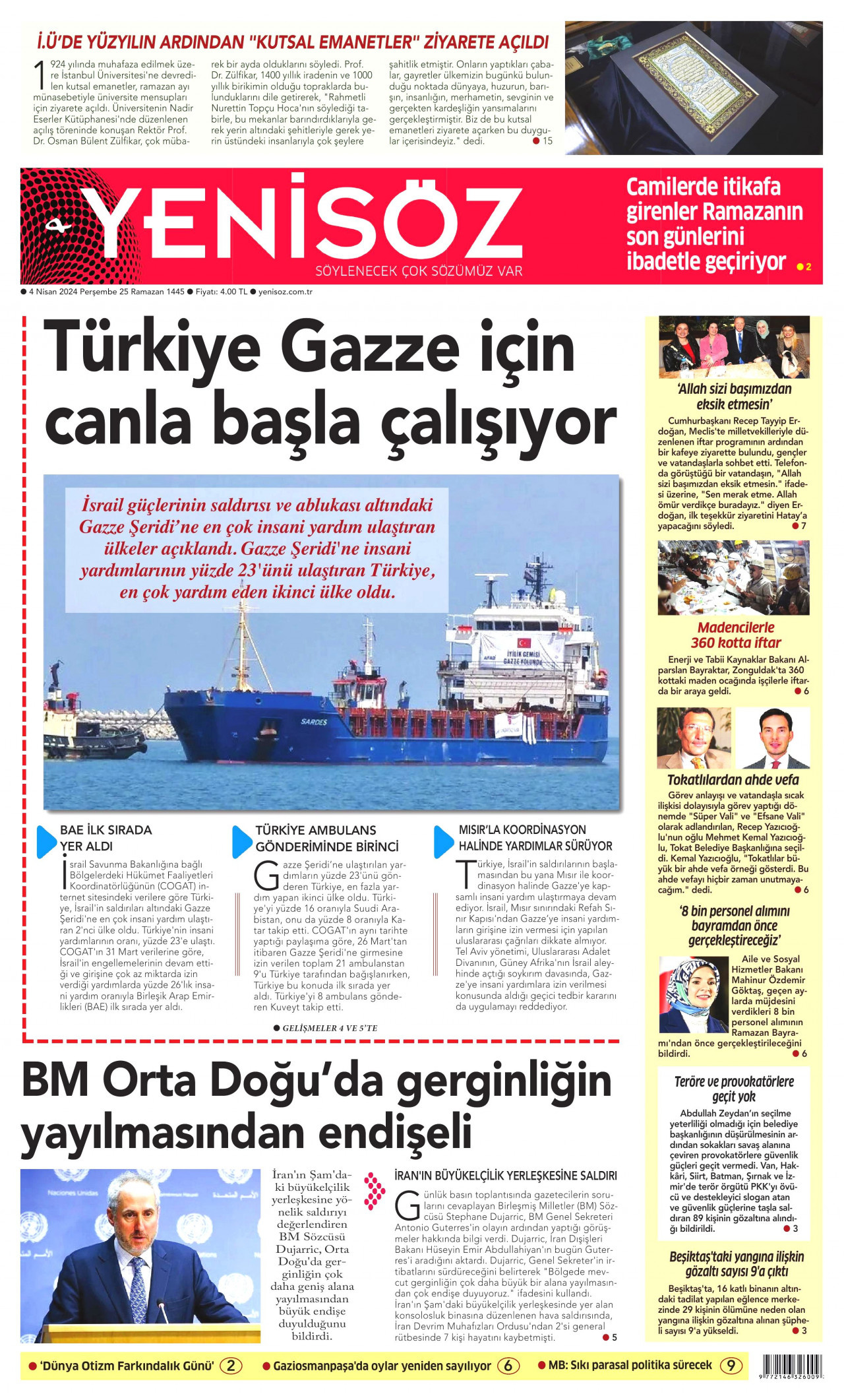 YENİ SÖZ GAZETESİ gazetesinin 4 Nisan 2024 tarihli birinci sayfası