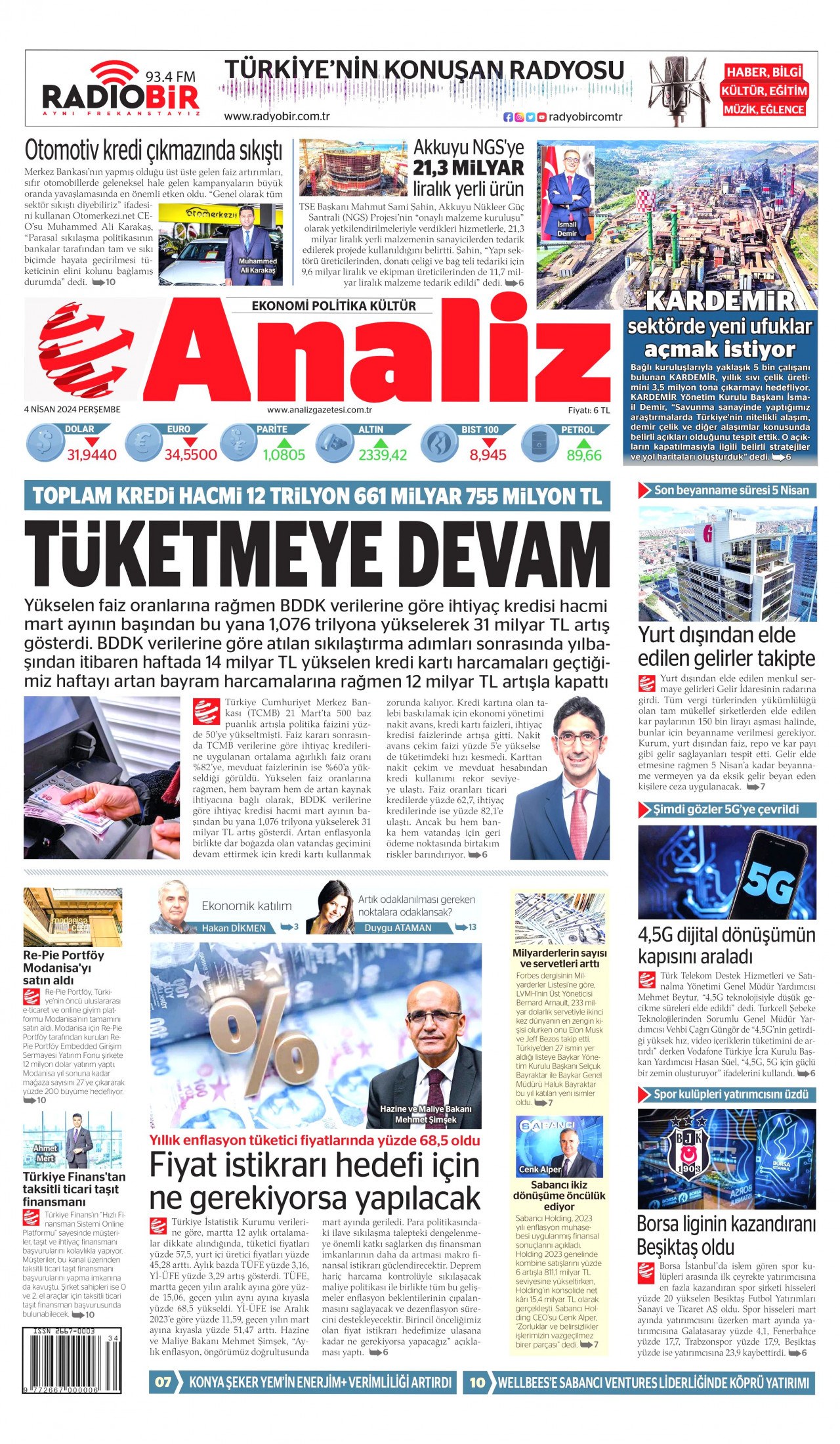 ANALİZ gazetesinin 4 Nisan 2024 tarihli birinci sayfası