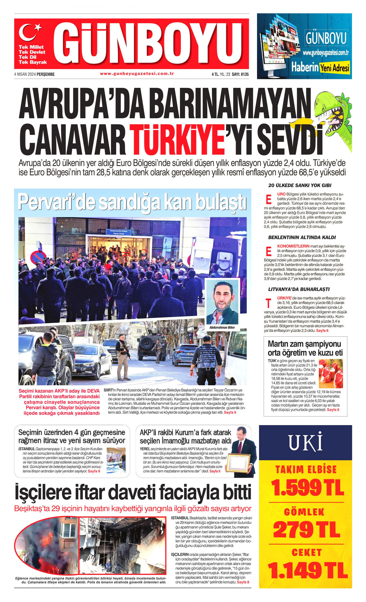 GÜNBOYU gazetesinin 4 Nisan 2024 tarihli birinci sayfası