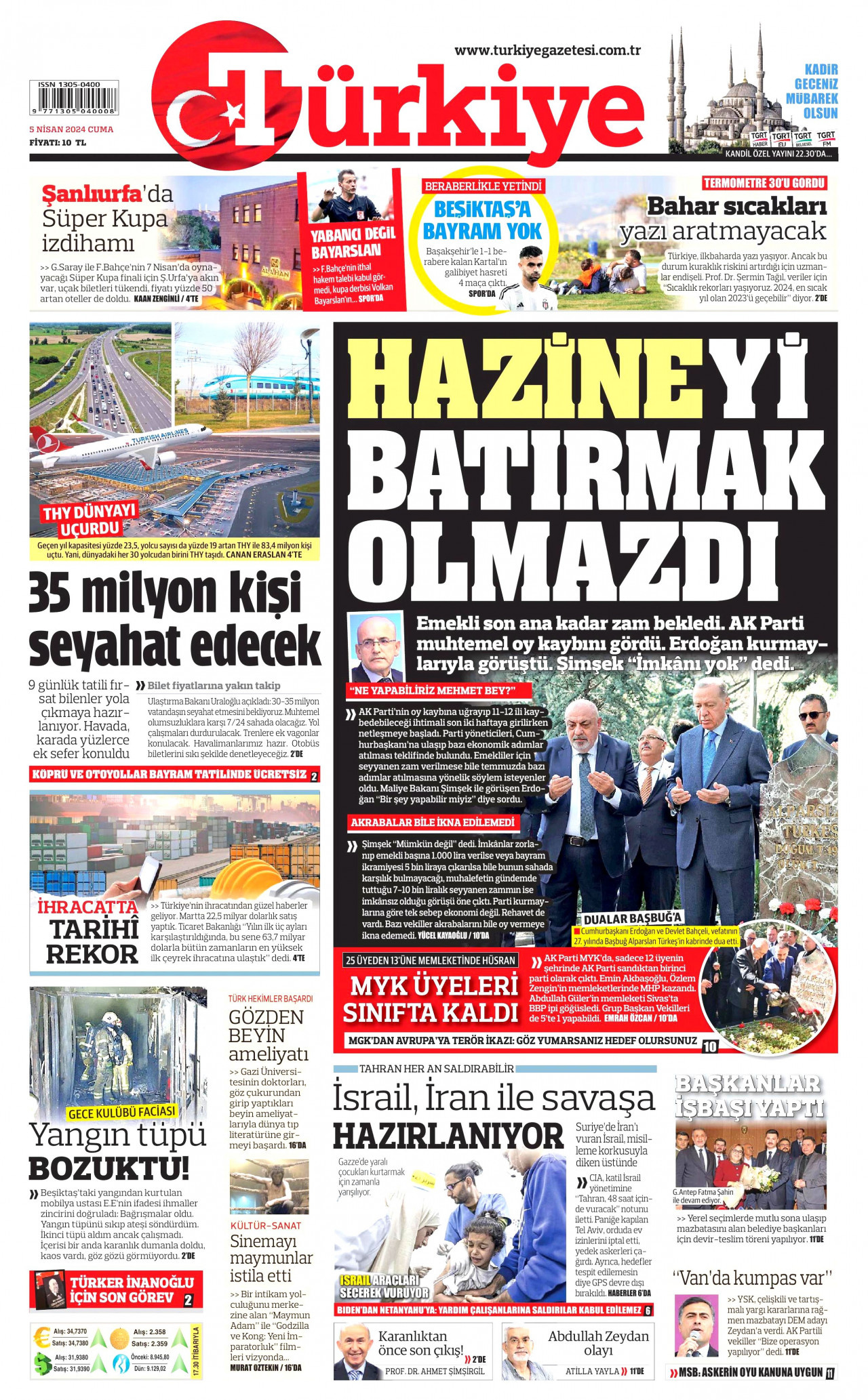 TÜRKİYE GAZETESİ gazetesinin 5 Nisan 2024 tarihli birinci sayfası