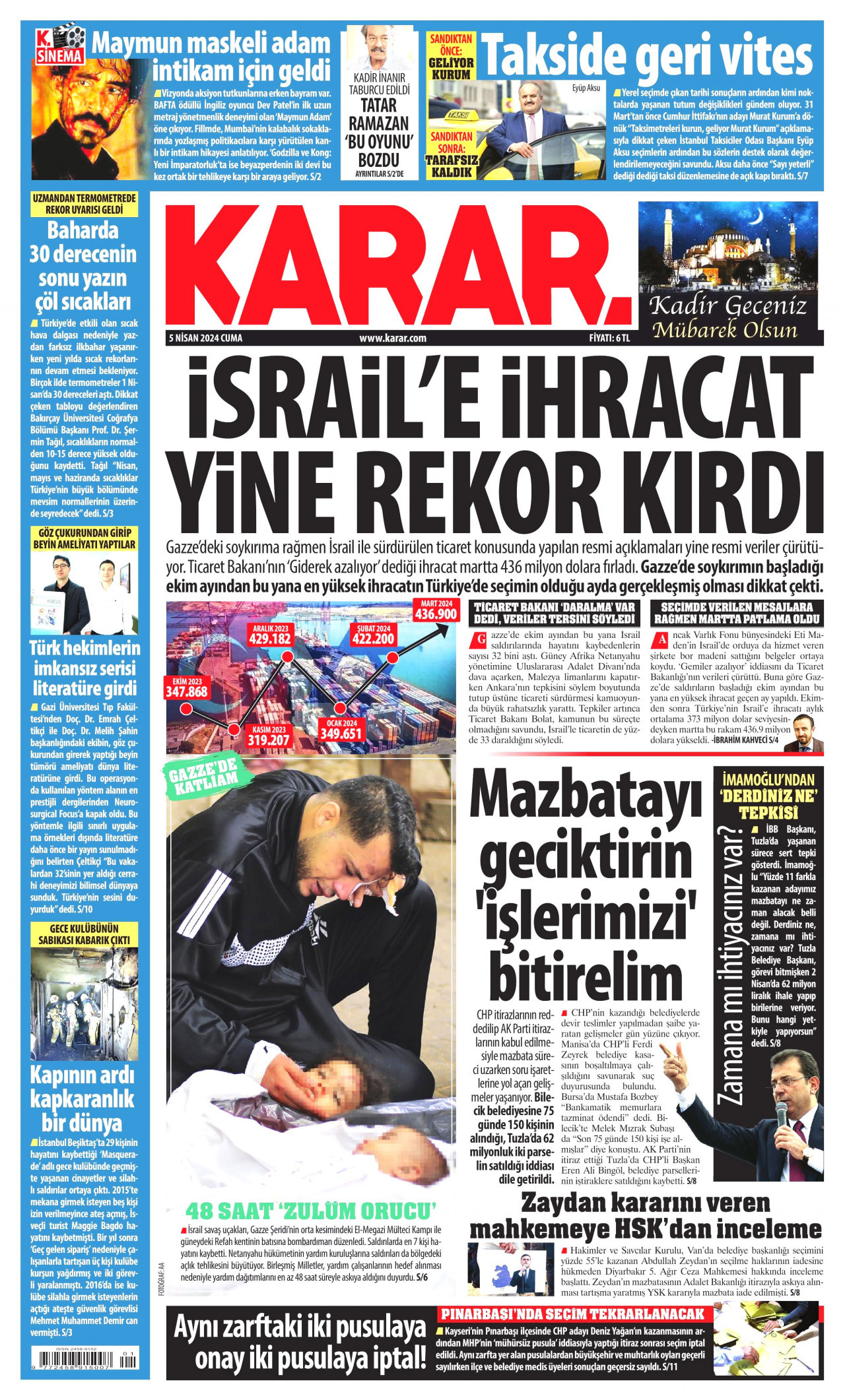 KARAR gazetesinin 5 Nisan 2024 tarihli birinci sayfası
