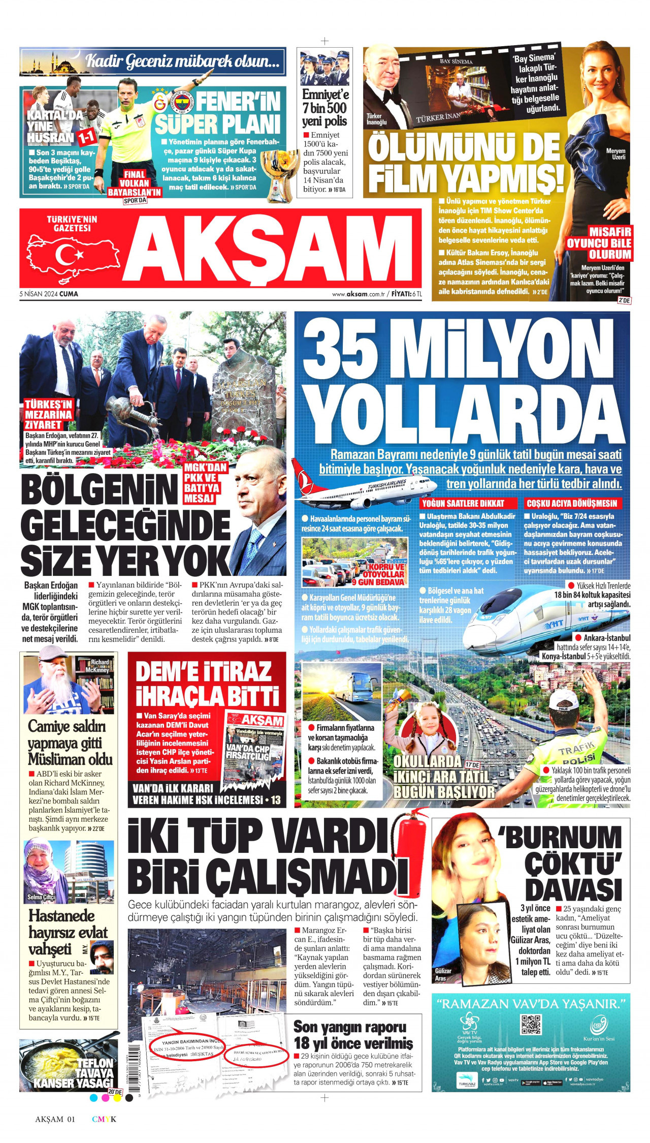 AKŞAM gazetesinin 5 Nisan 2024 tarihli birinci sayfası