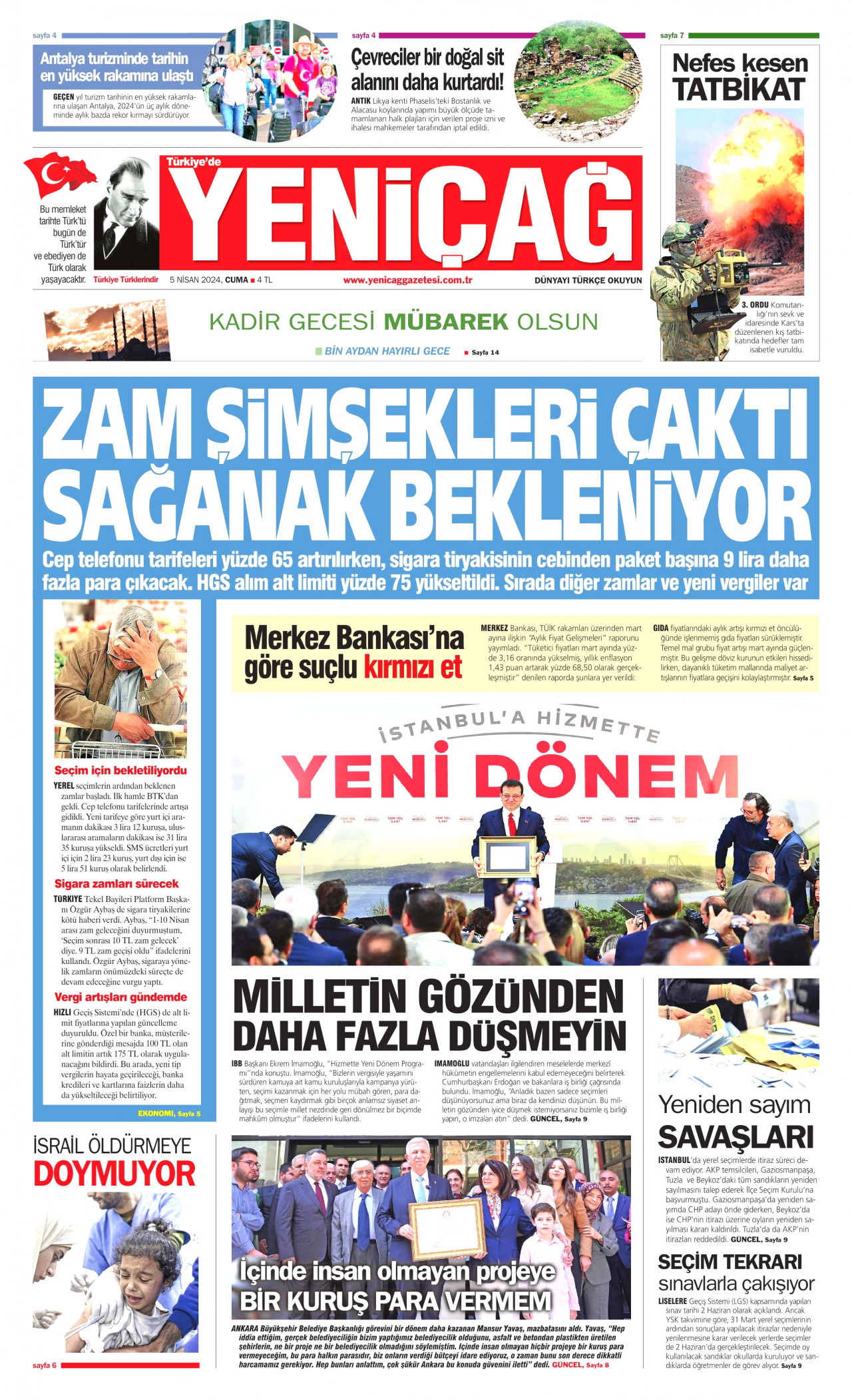 YENİÇAĞ gazetesinin 5 Nisan 2024 tarihli birinci sayfası