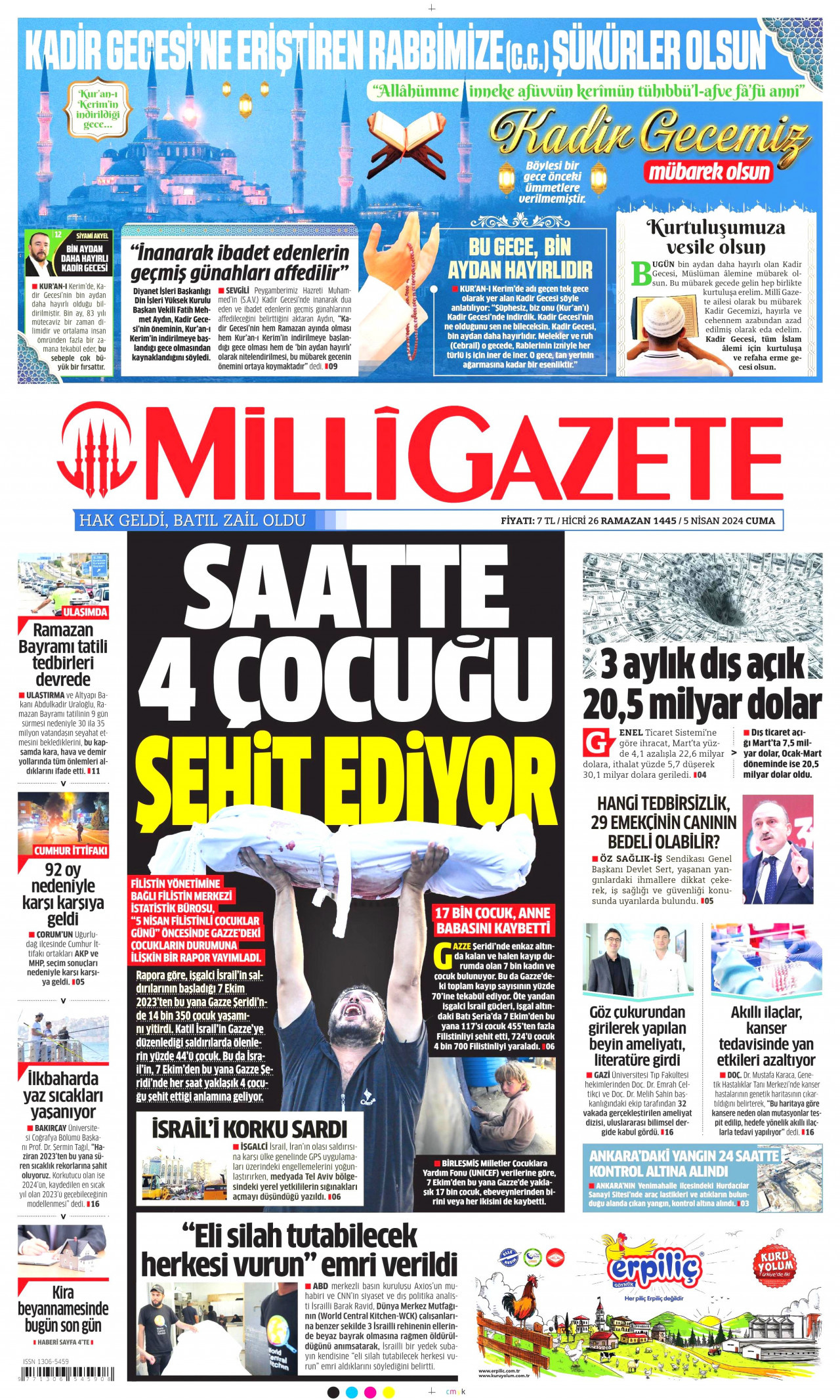 MİLLİ GAZETE gazetesinin 5 Nisan 2024 tarihli birinci sayfası