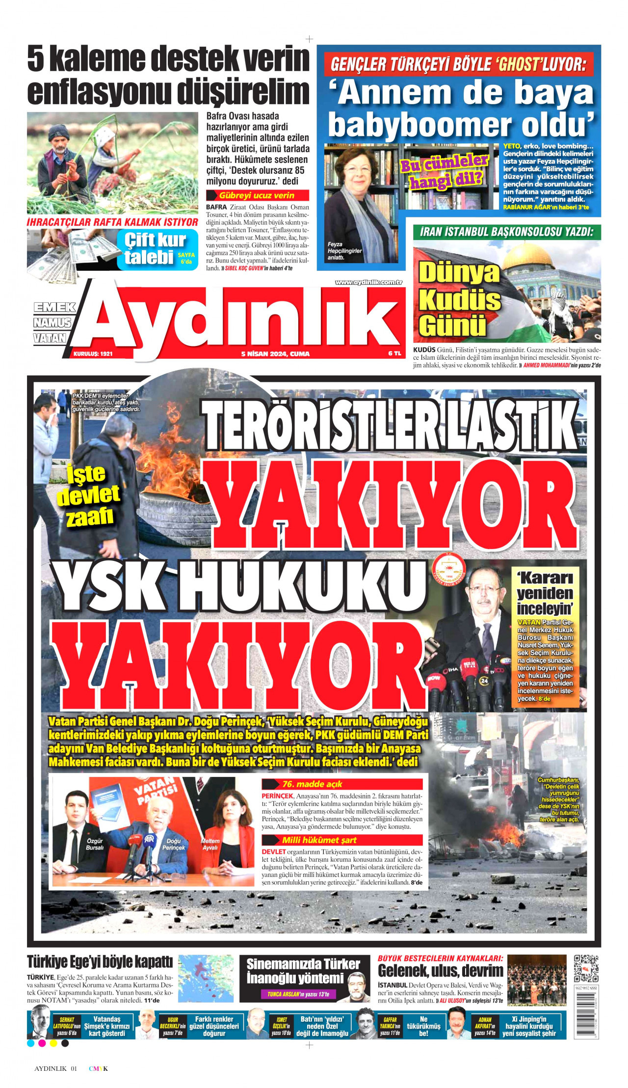 AYDINLIK GAZETESİ gazetesinin 5 Nisan 2024 tarihli birinci sayfası