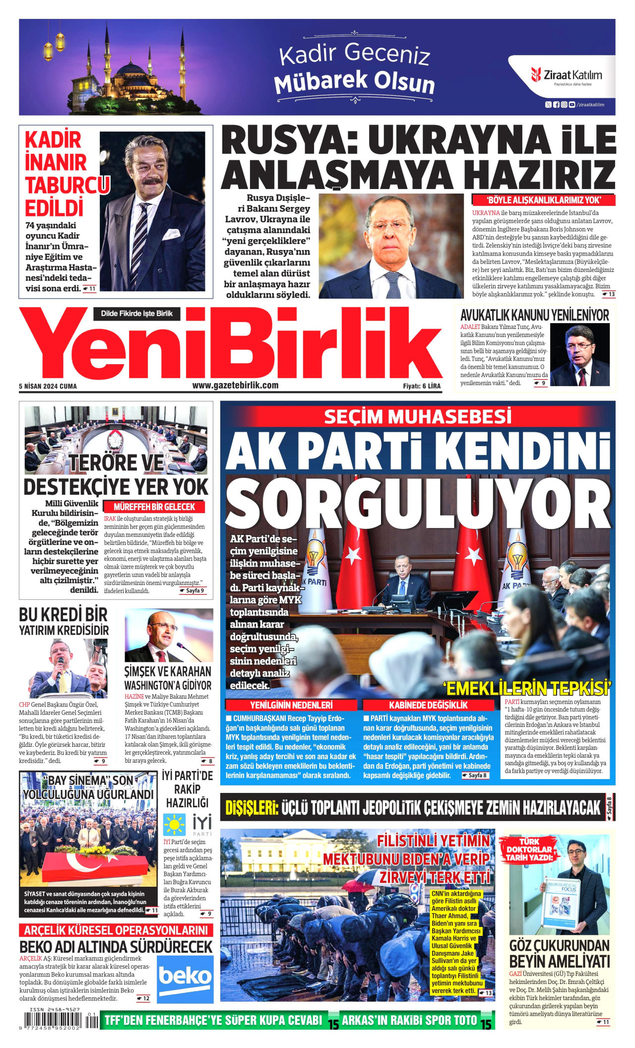 YENİBİRLİK gazetesinin 5 Nisan 2024 tarihli birinci sayfası