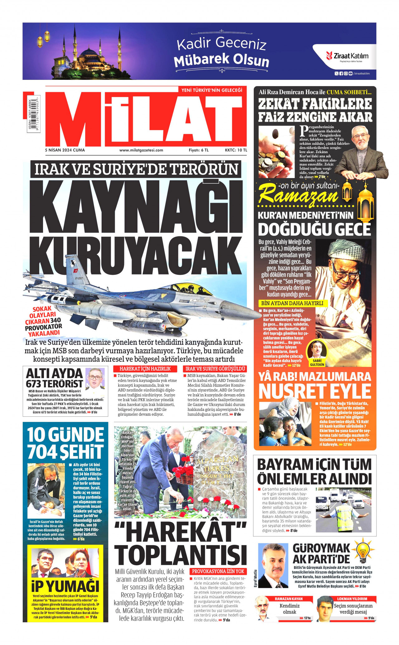 MİLAT gazetesinin 5 Nisan 2024 tarihli birinci sayfası