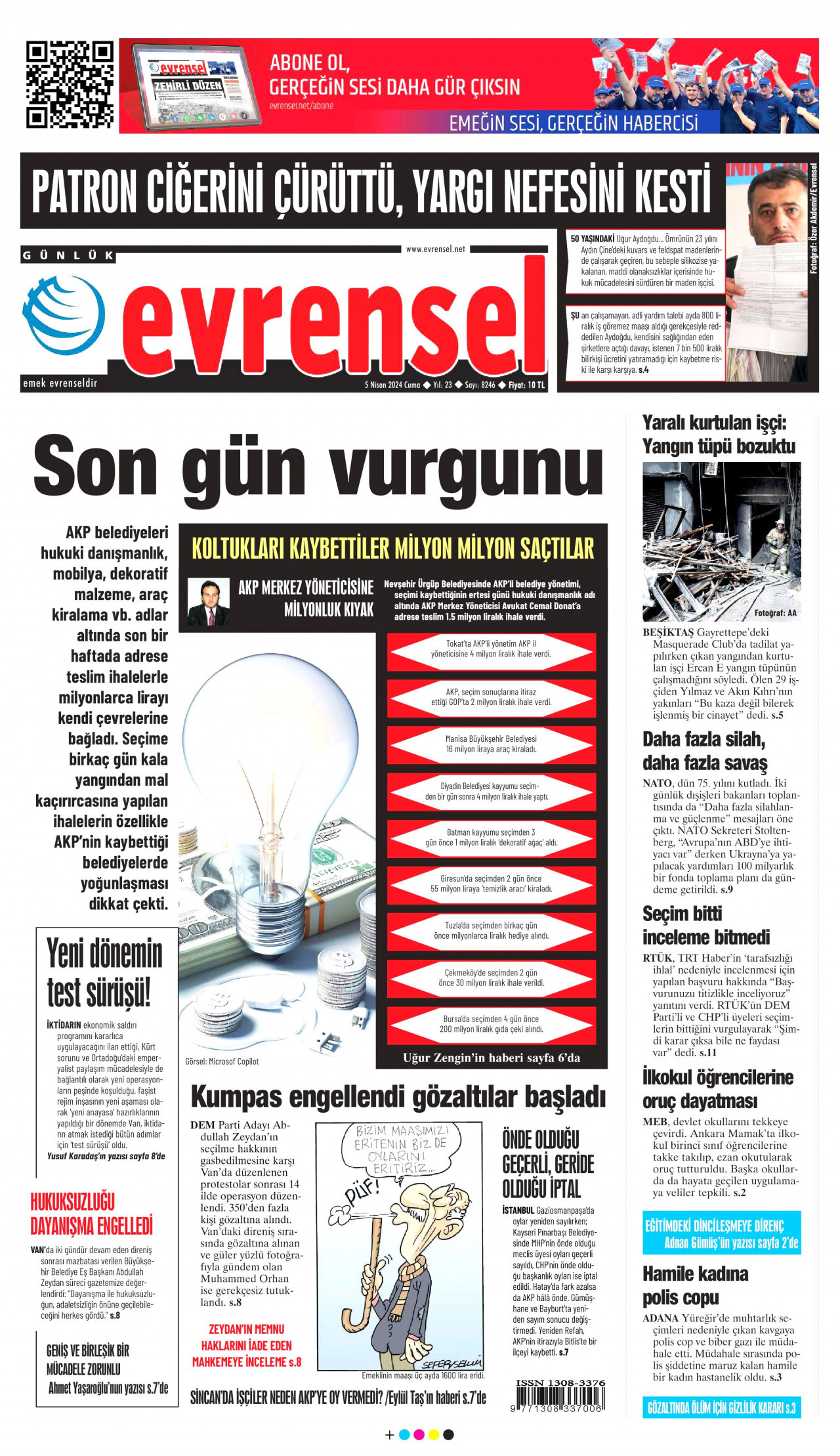 EVRENSEL gazetesinin 5 Nisan 2024 tarihli birinci sayfası
