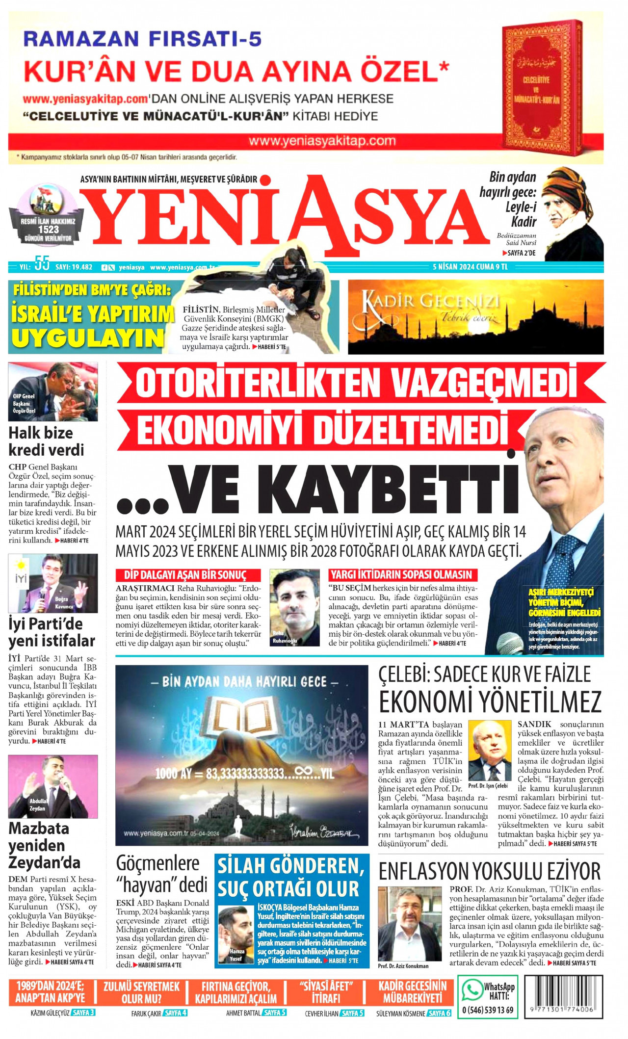 YENİ ASYA gazetesinin 5 Nisan 2024 tarihli birinci sayfası