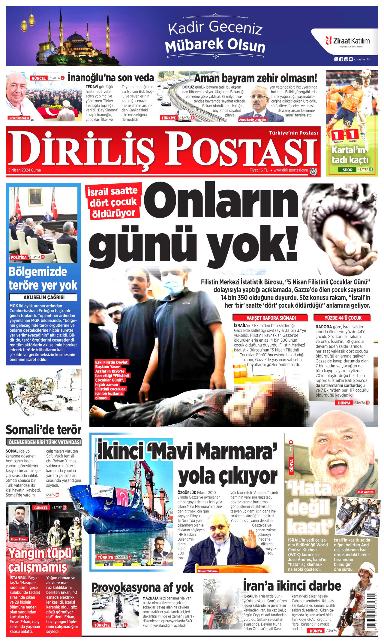 DİRİLİŞ POSTASI gazetesinin 5 Nisan 2024 tarihli birinci sayfası