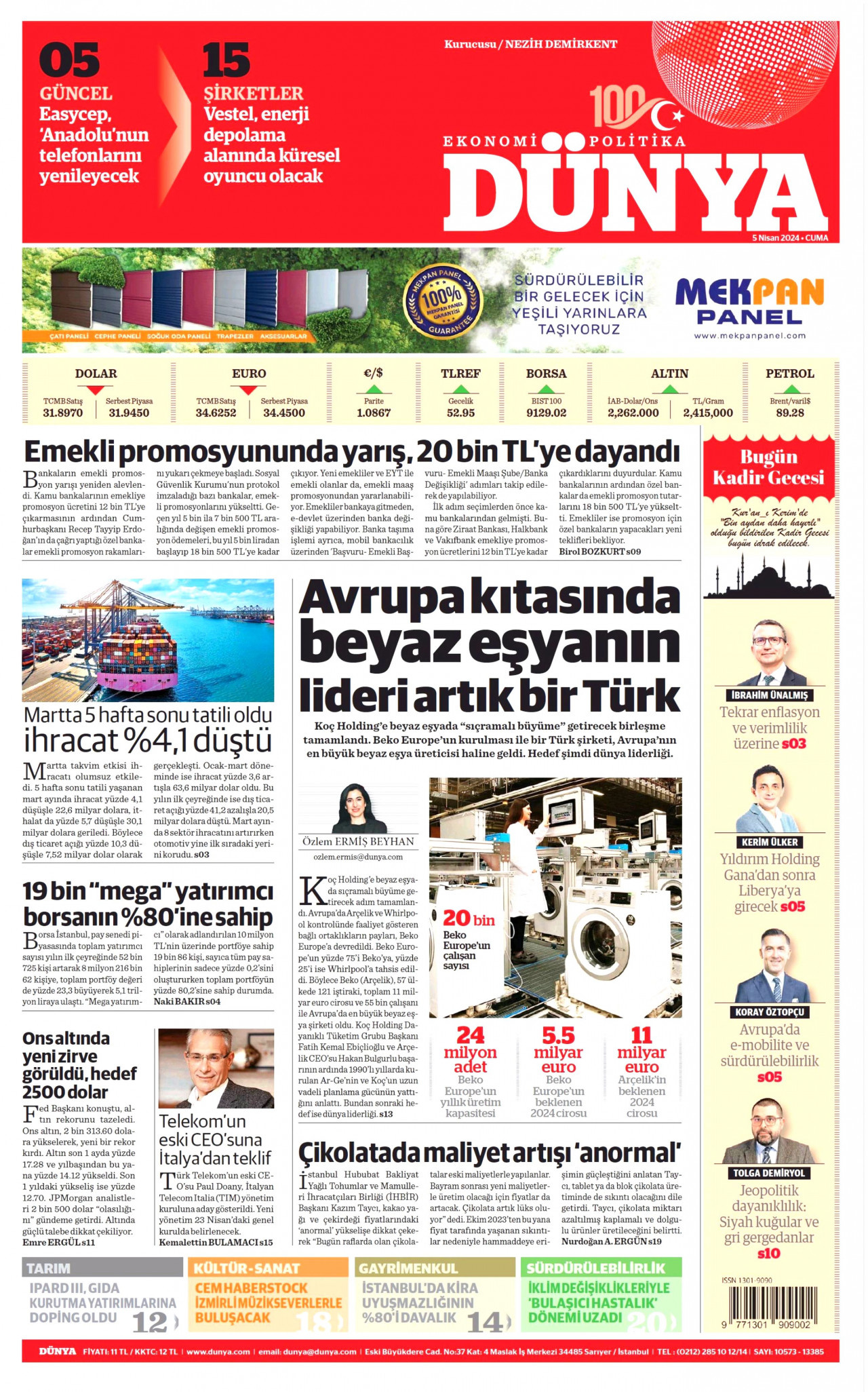 DÜNYA gazetesinin 5 Nisan 2024 tarihli birinci sayfası