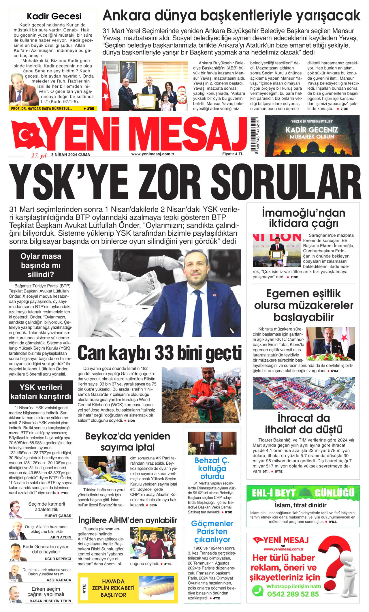 YENİ MESAJ gazetesinin 5 Nisan 2024 tarihli birinci sayfası