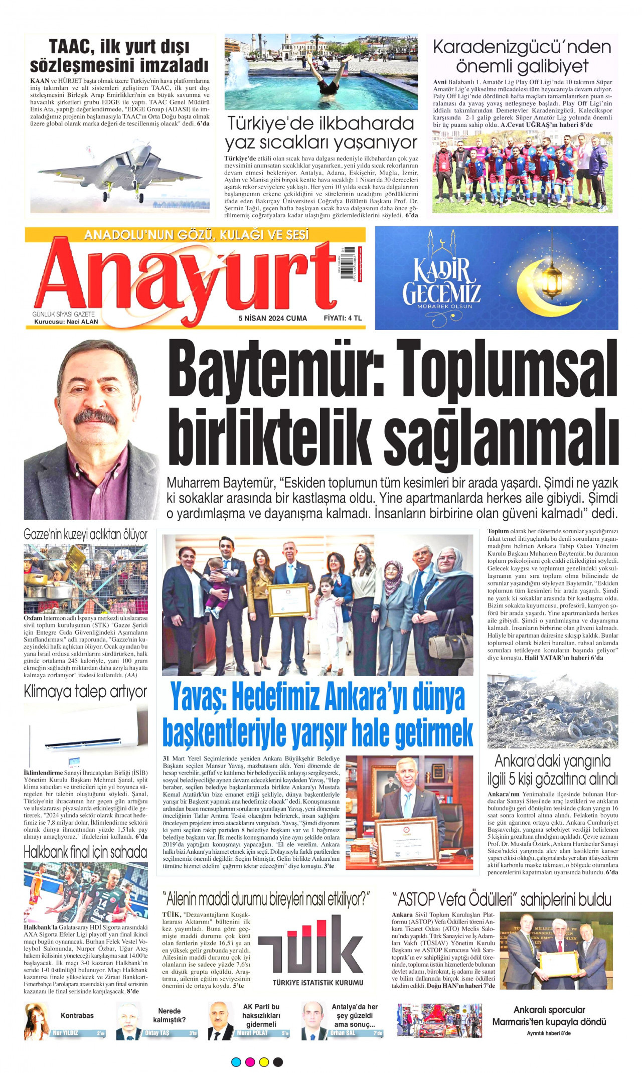 ANAYURT gazetesinin 5 Nisan 2024 tarihli birinci sayfası