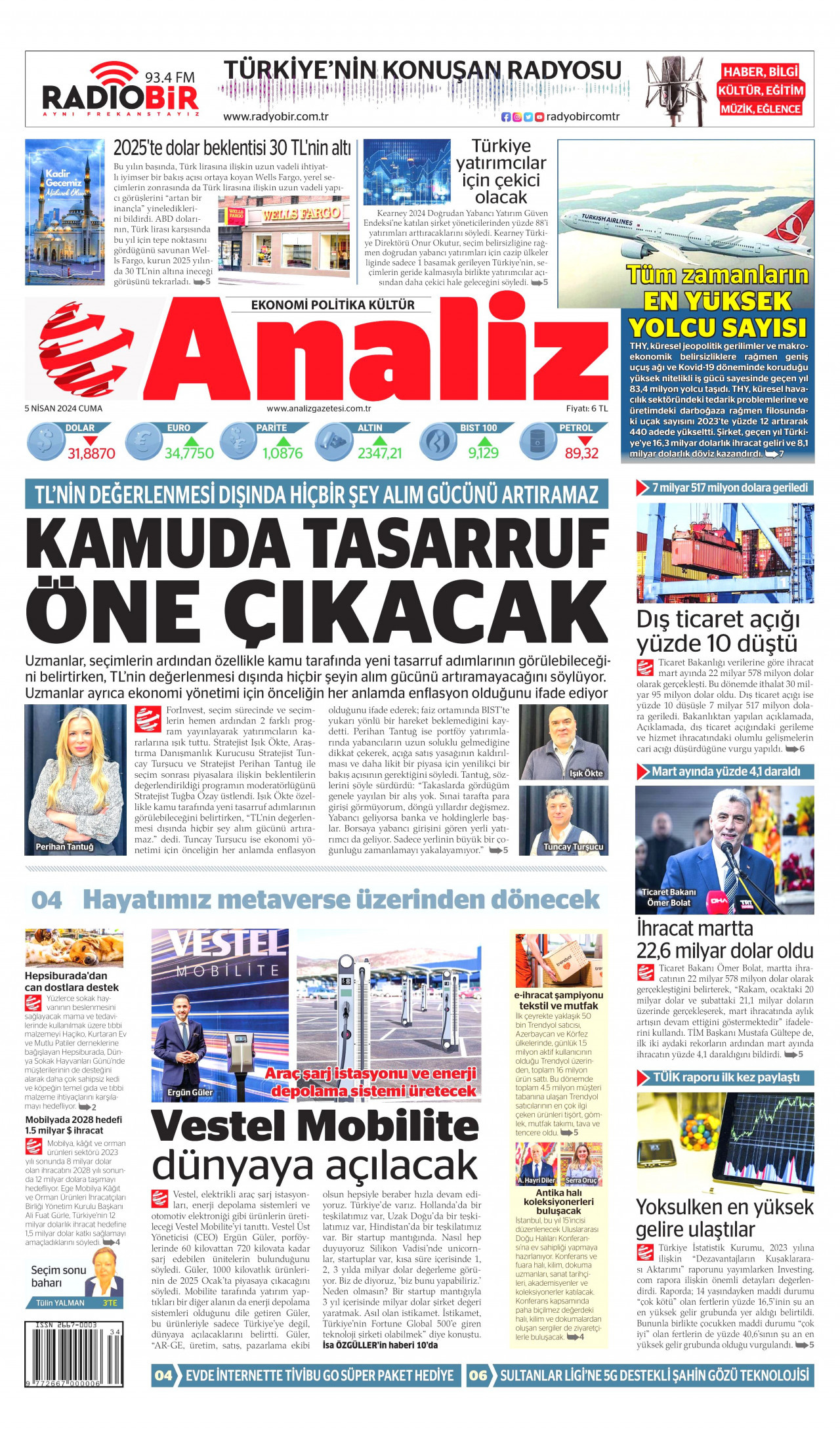 ANALİZ gazetesinin 5 Nisan 2024 tarihli birinci sayfası