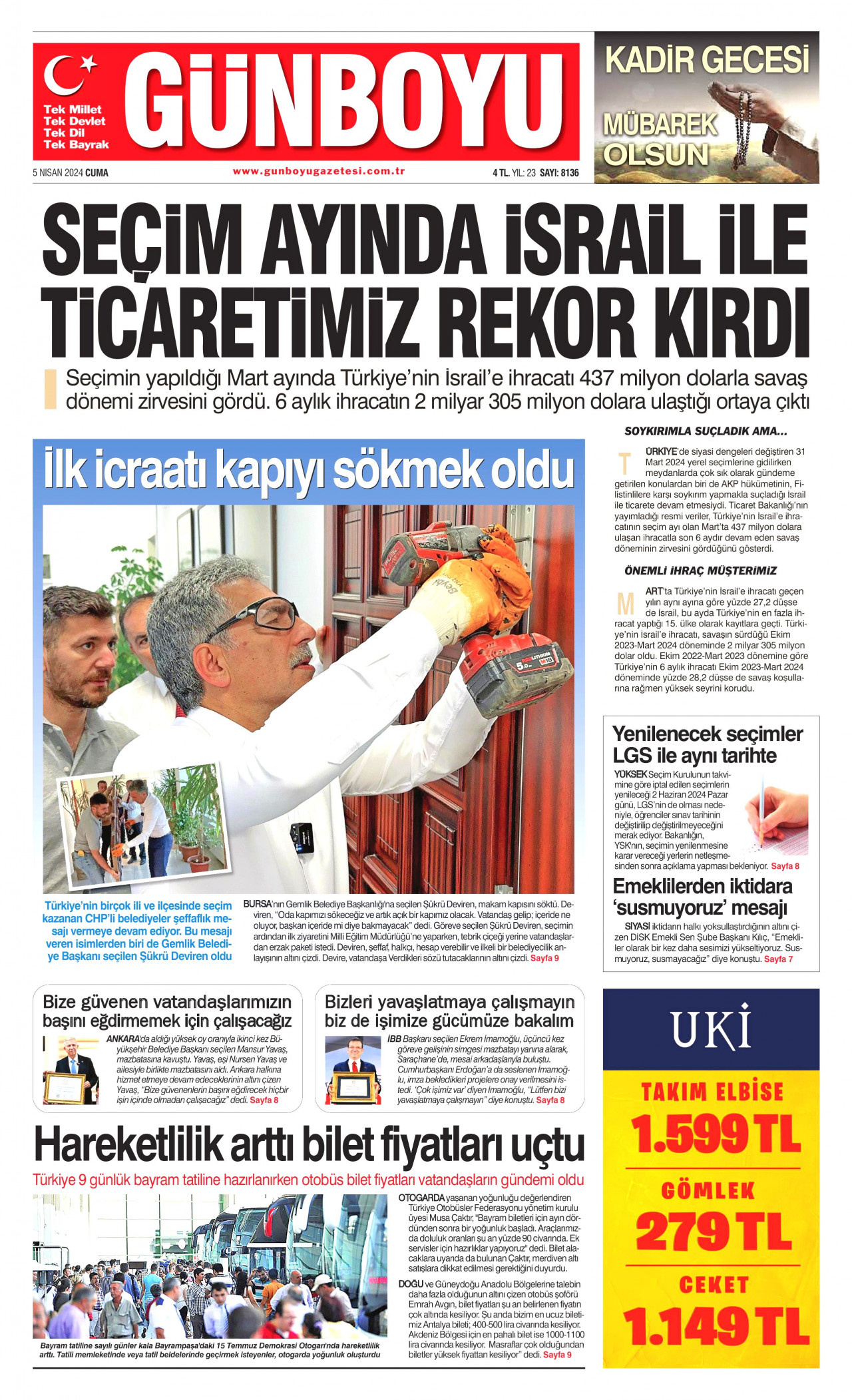 GÜNBOYU gazetesinin 5 Nisan 2024 tarihli birinci sayfası