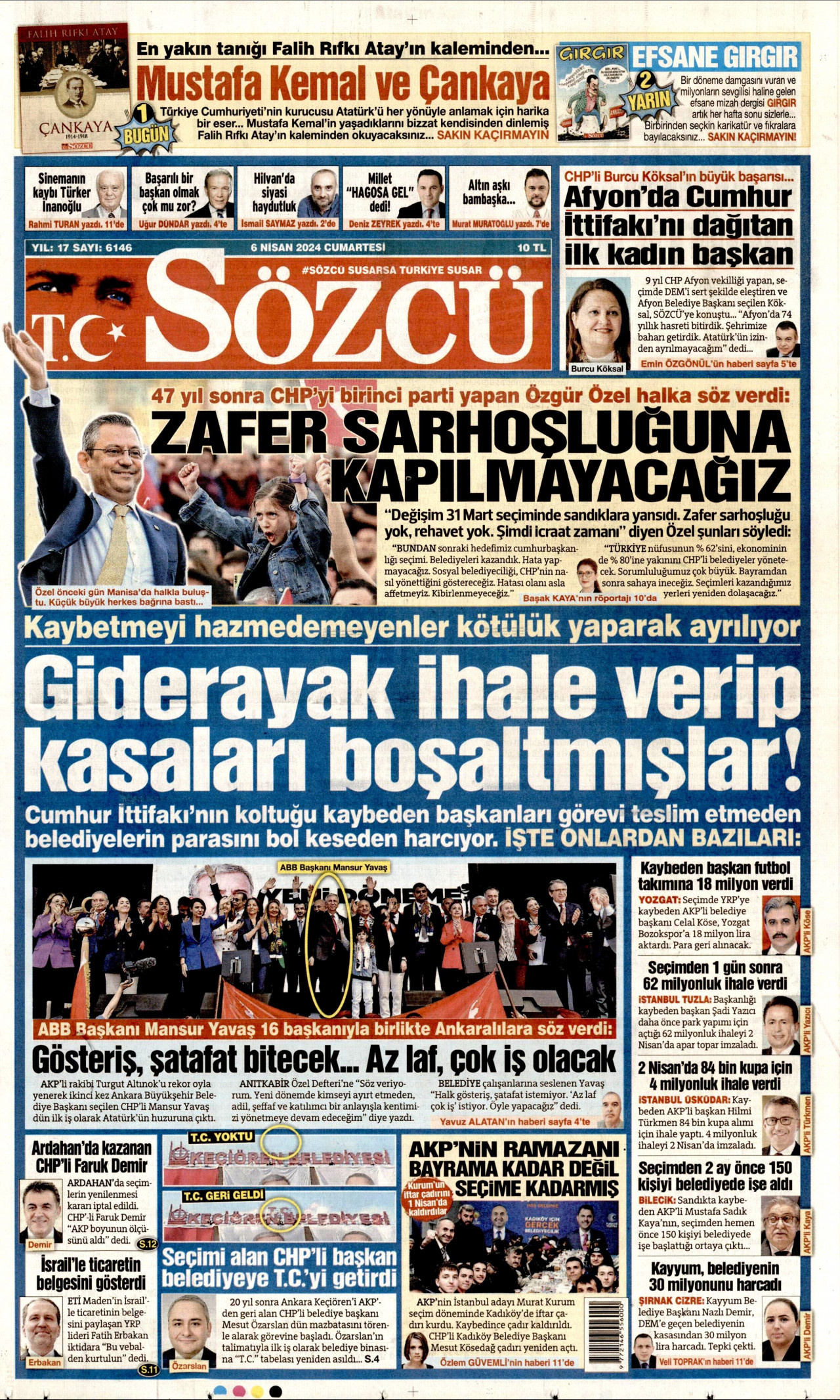 SÖZCÜ gazetesinin 6 Nisan 2024 tarihli birinci sayfası