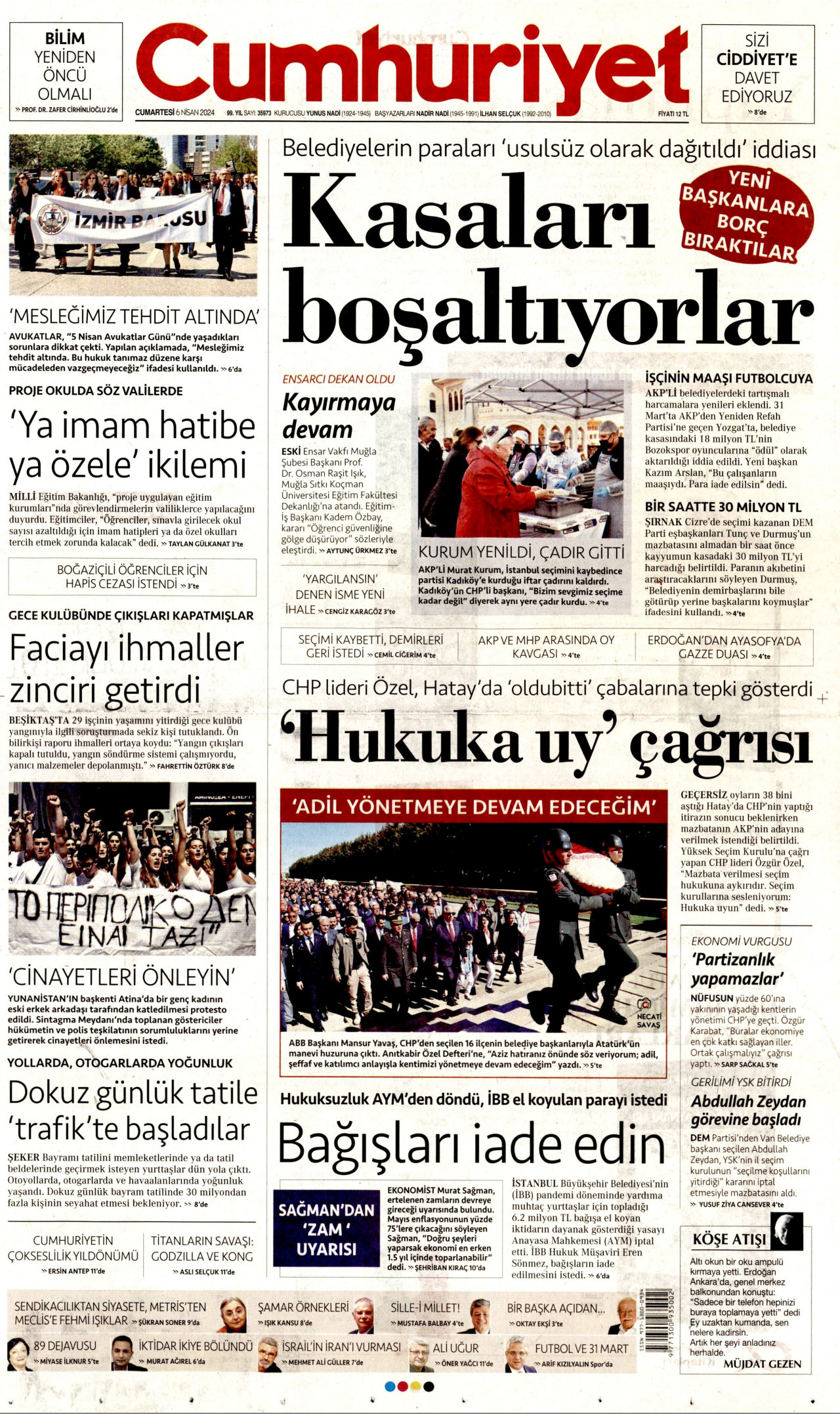CUMHURİYET gazetesinin 6 Nisan 2024 tarihli birinci sayfası