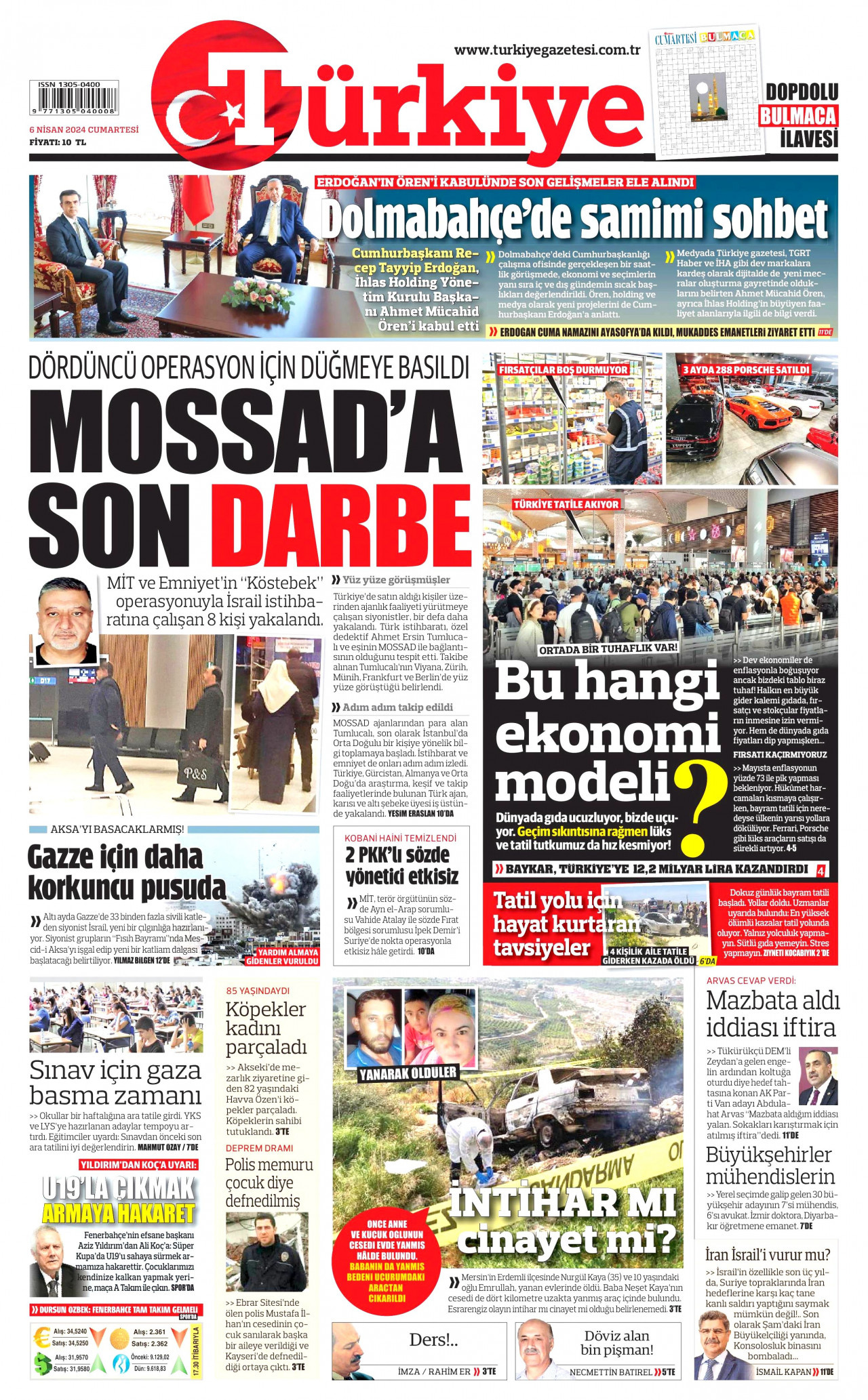 TÜRKİYE GAZETESİ gazetesinin 6 Nisan 2024 tarihli birinci sayfası