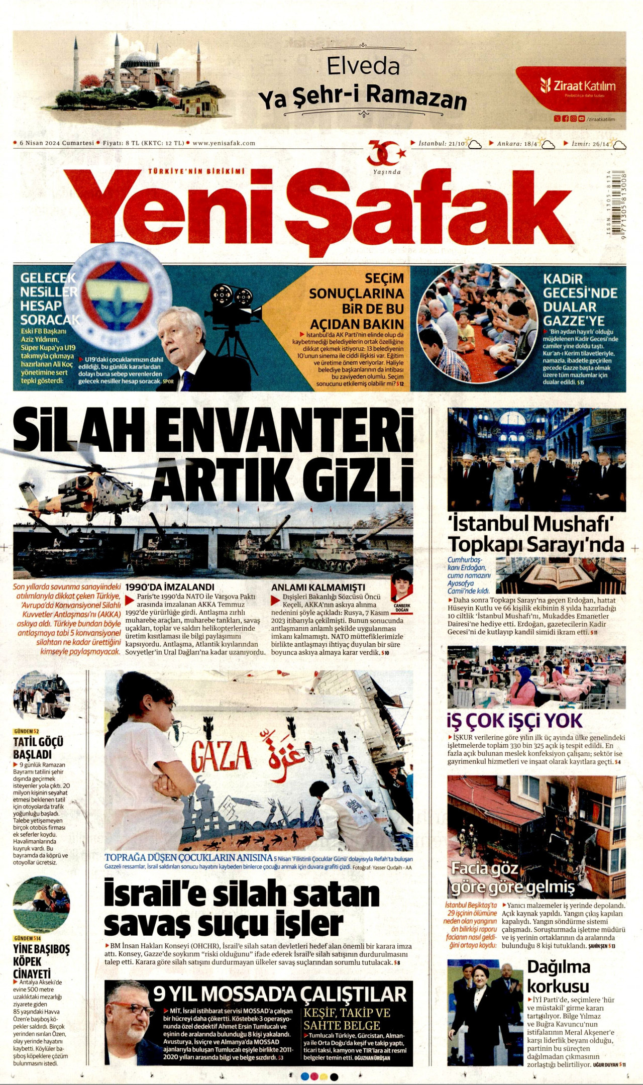 YENİ ŞAFAK gazetesinin 6 Nisan 2024 tarihli birinci sayfası