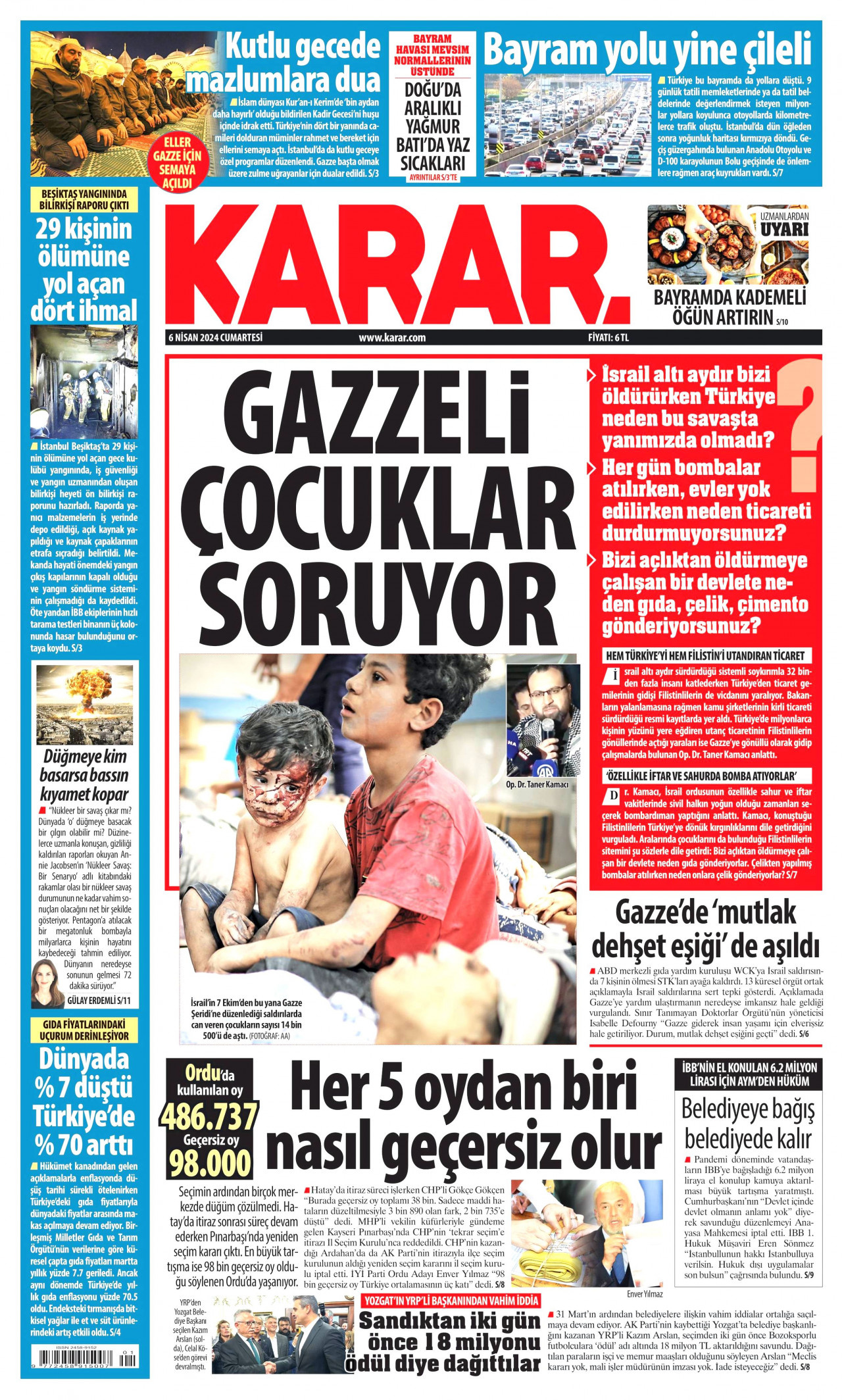 KARAR gazetesinin 6 Nisan 2024 tarihli birinci sayfası