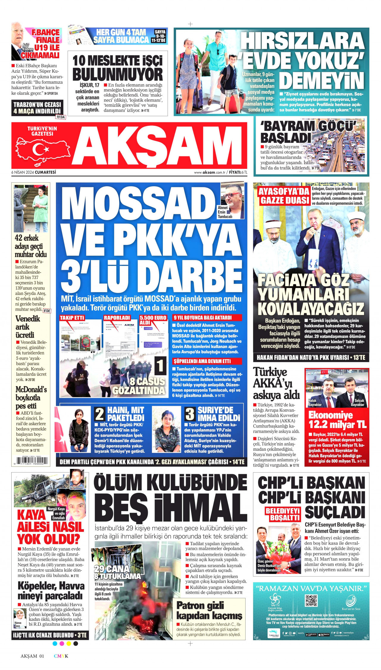 AKŞAM gazetesinin 6 Nisan 2024 tarihli birinci sayfası