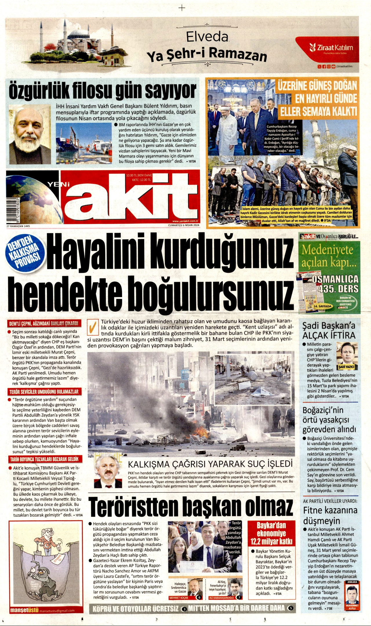 YENİ AKİT gazetesinin 6 Nisan 2024 tarihli birinci sayfası