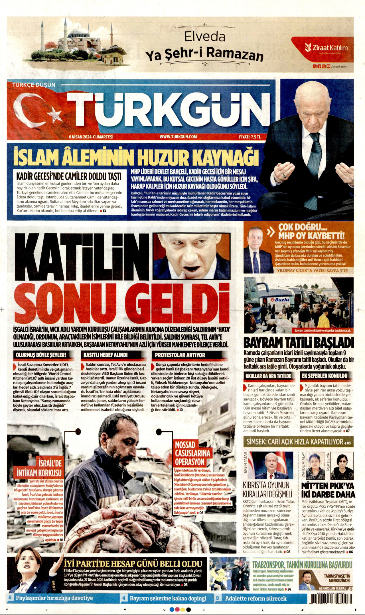 TÜRKGÜN gazetesinin 6 Nisan 2024 tarihli birinci sayfası