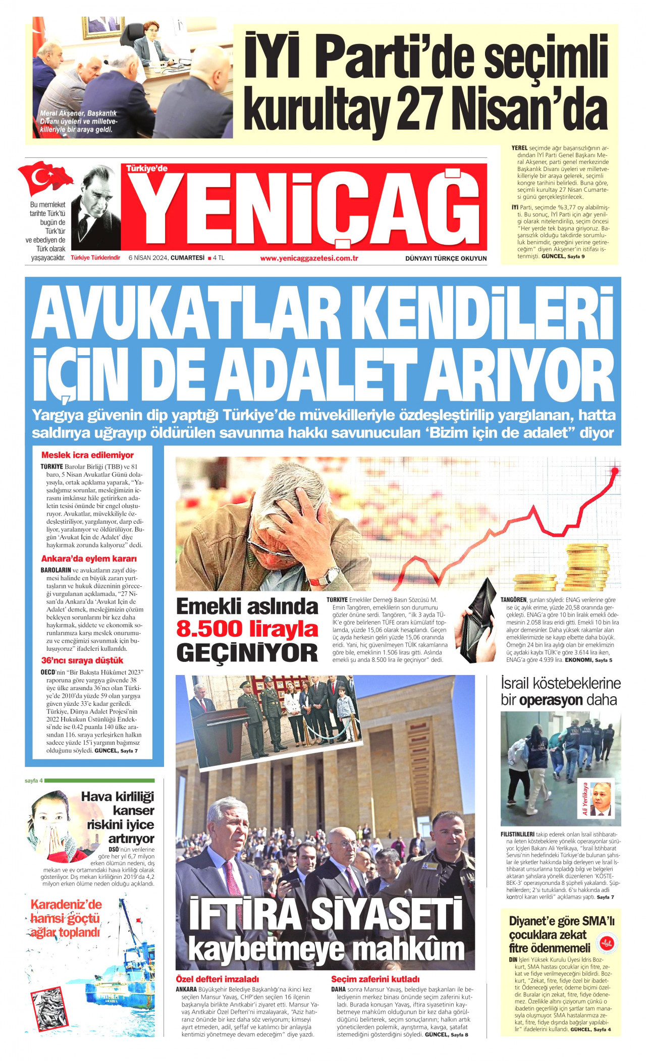 YENİÇAĞ gazetesinin 6 Nisan 2024 tarihli birinci sayfası