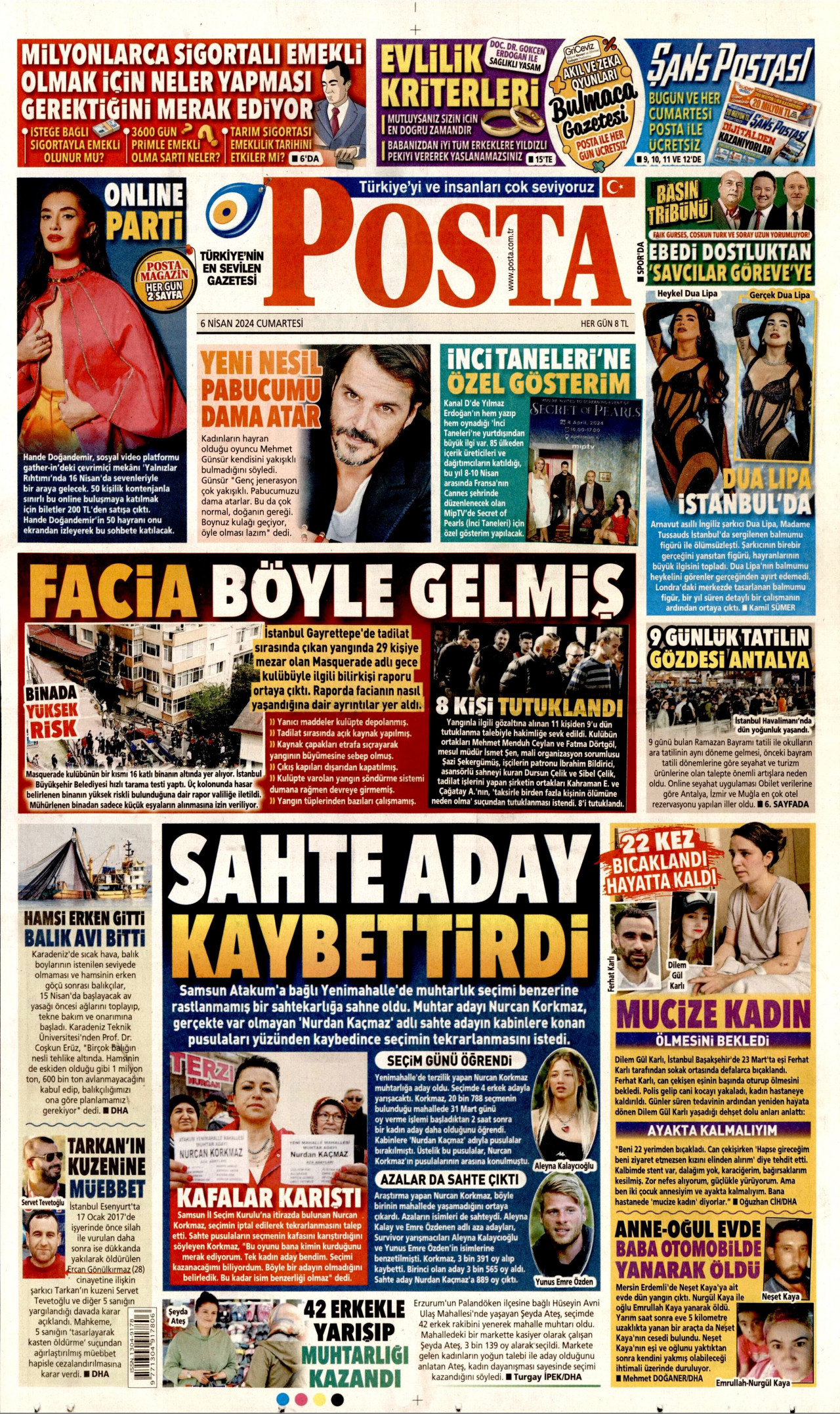 POSTA gazetesinin 6 Nisan 2024 tarihli birinci sayfası