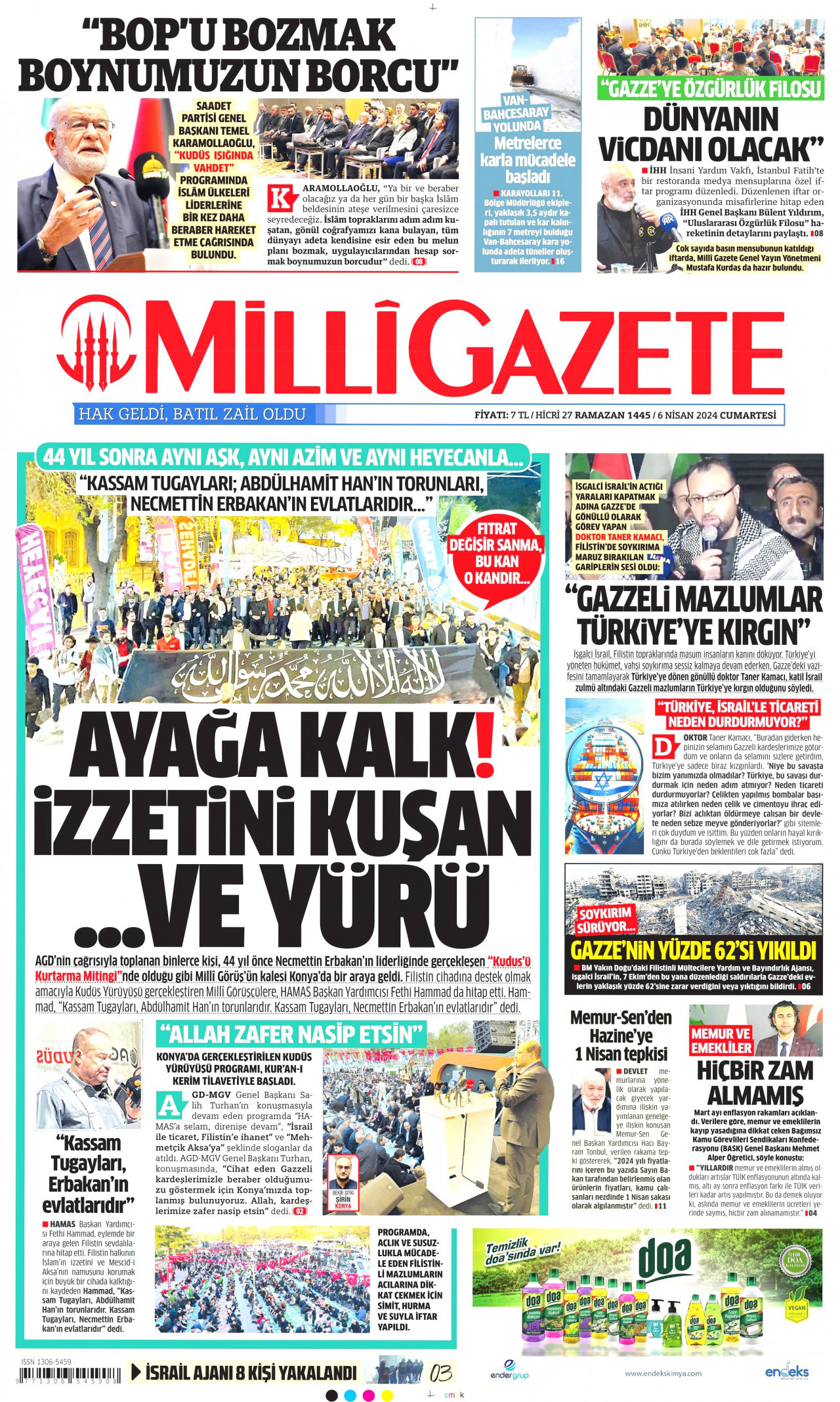 MİLLİ GAZETE gazetesinin 6 Nisan 2024 tarihli birinci sayfası