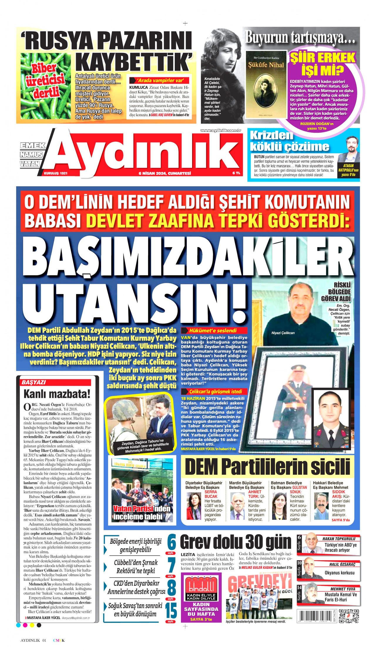 AYDINLIK GAZETESİ gazetesinin 6 Nisan 2024 tarihli birinci sayfası