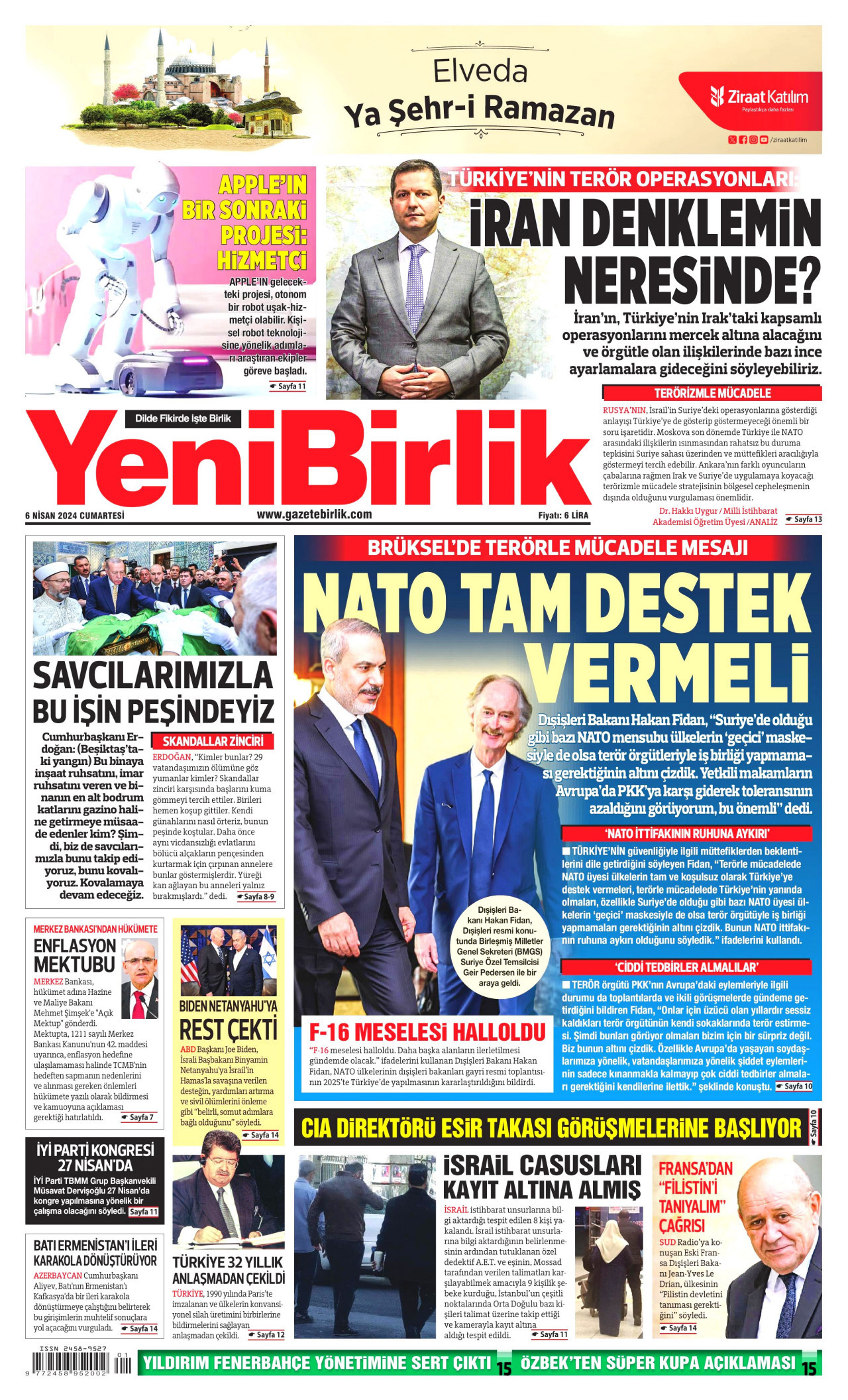 YENİBİRLİK gazetesinin 6 Nisan 2024 tarihli birinci sayfası