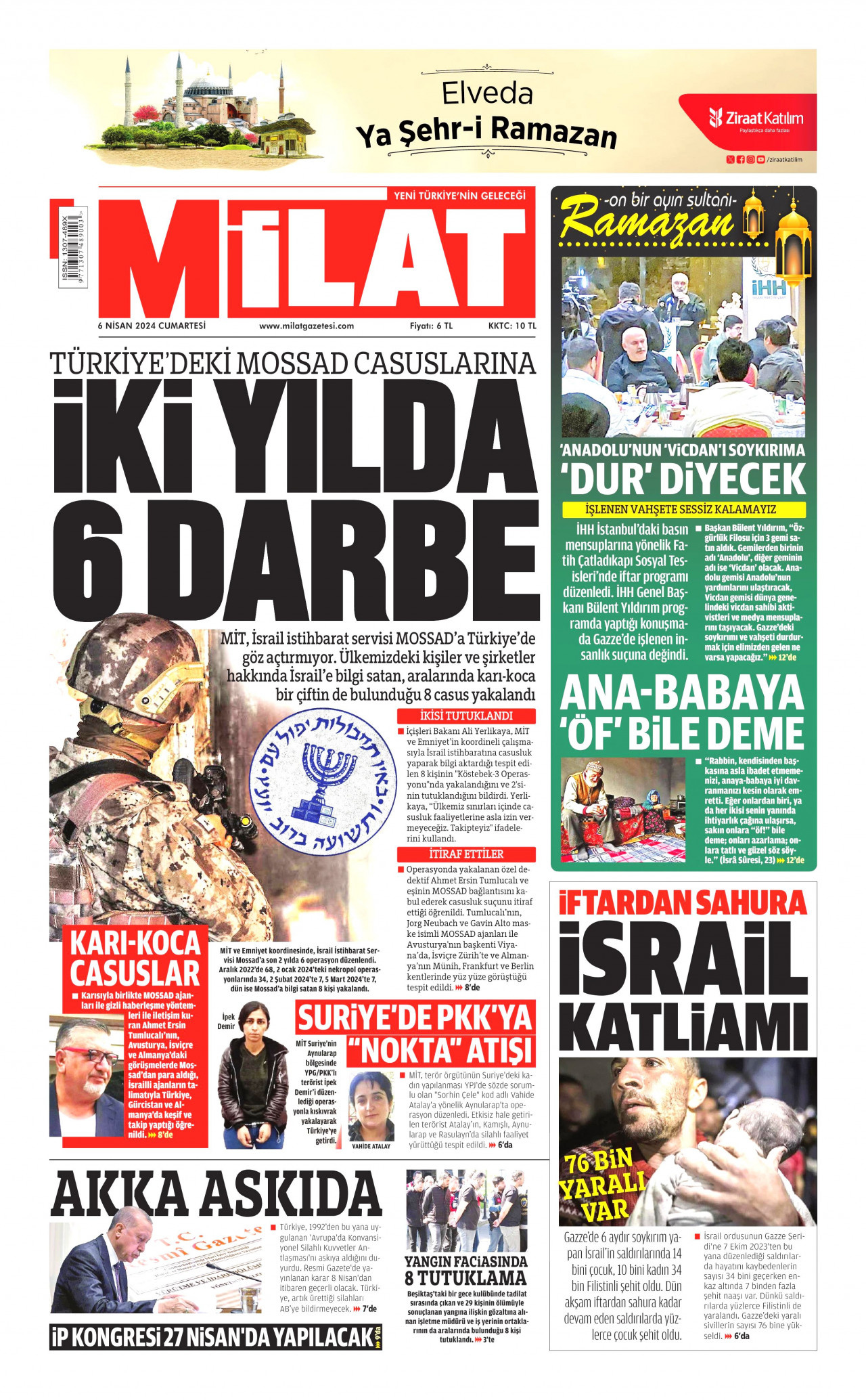 MİLAT gazetesinin 6 Nisan 2024 tarihli birinci sayfası