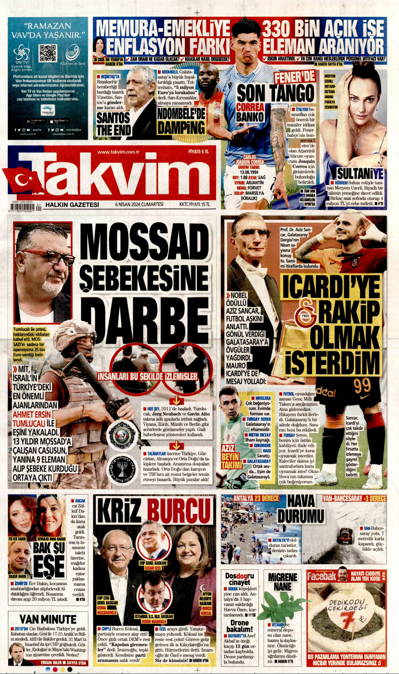 TAKVİM gazetesinin 6 Nisan 2024 tarihli birinci sayfası