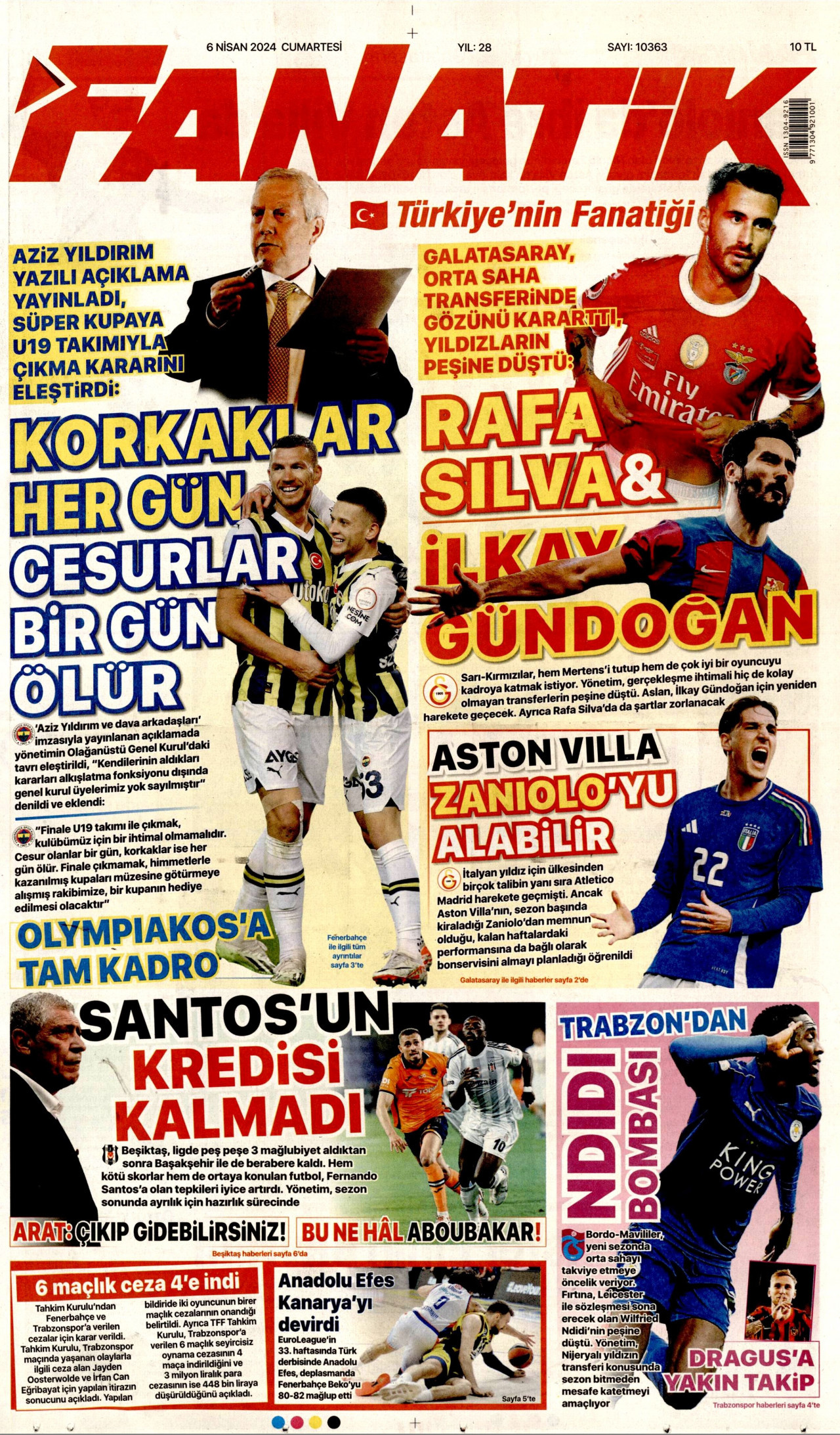 FANATİK gazetesinin 6 Nisan 2024 tarihli birinci sayfası