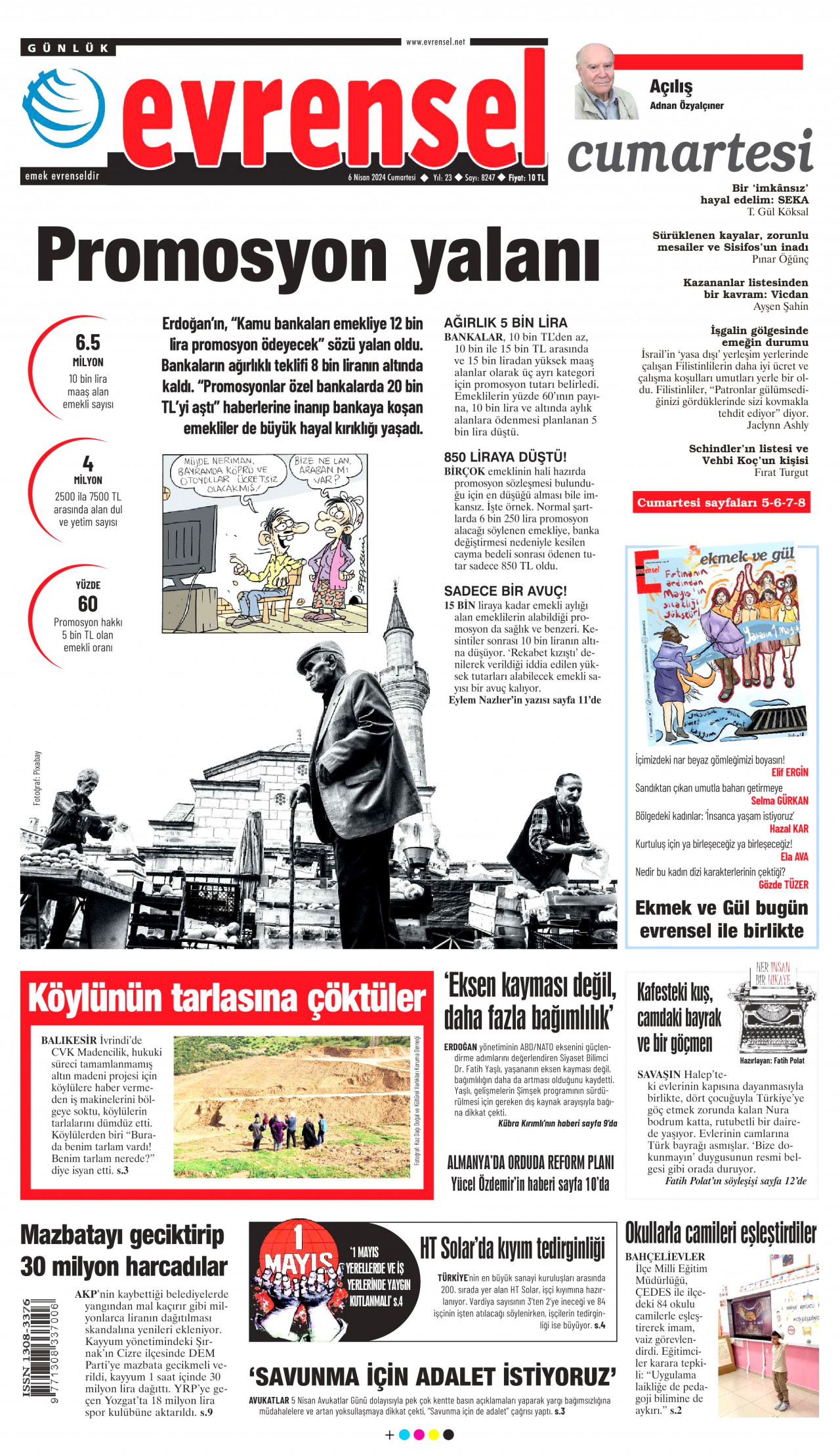 EVRENSEL gazetesinin 6 Nisan 2024 tarihli birinci sayfası