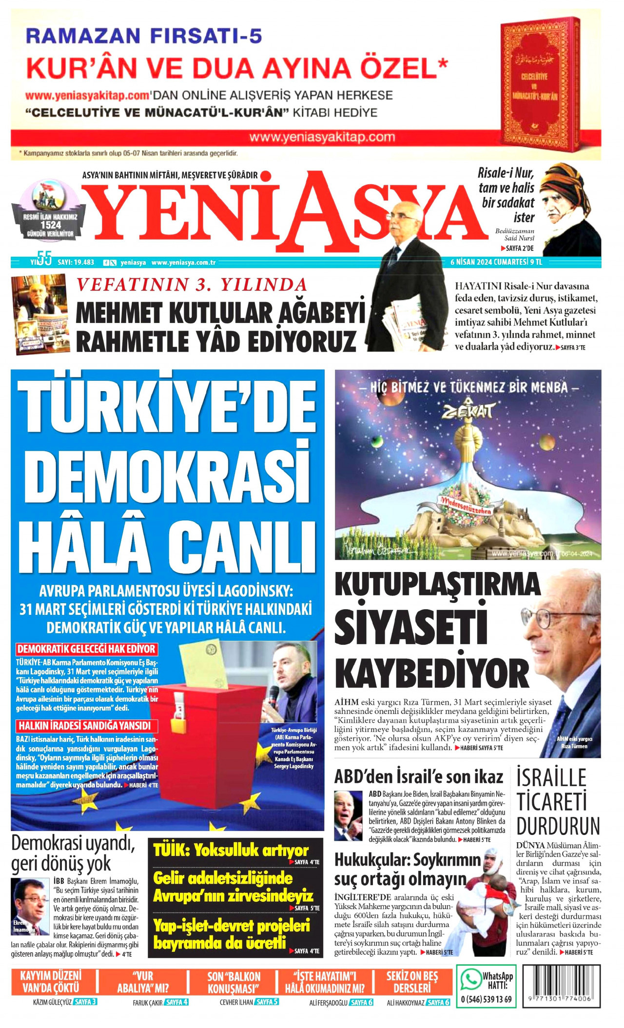 YENİ ASYA gazetesinin 6 Nisan 2024 tarihli birinci sayfası